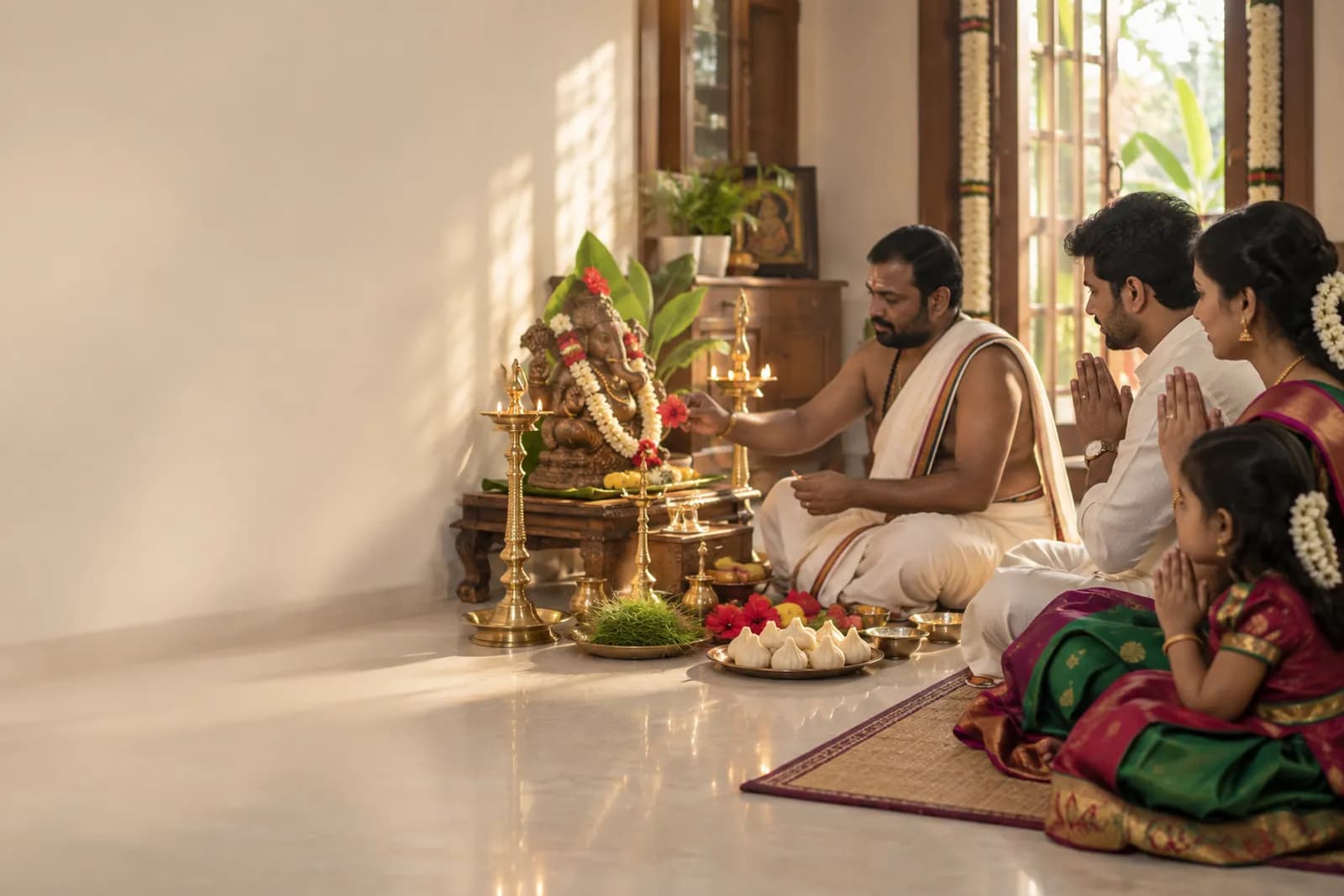 A priest leads a family in Ganapathi Pooja.
