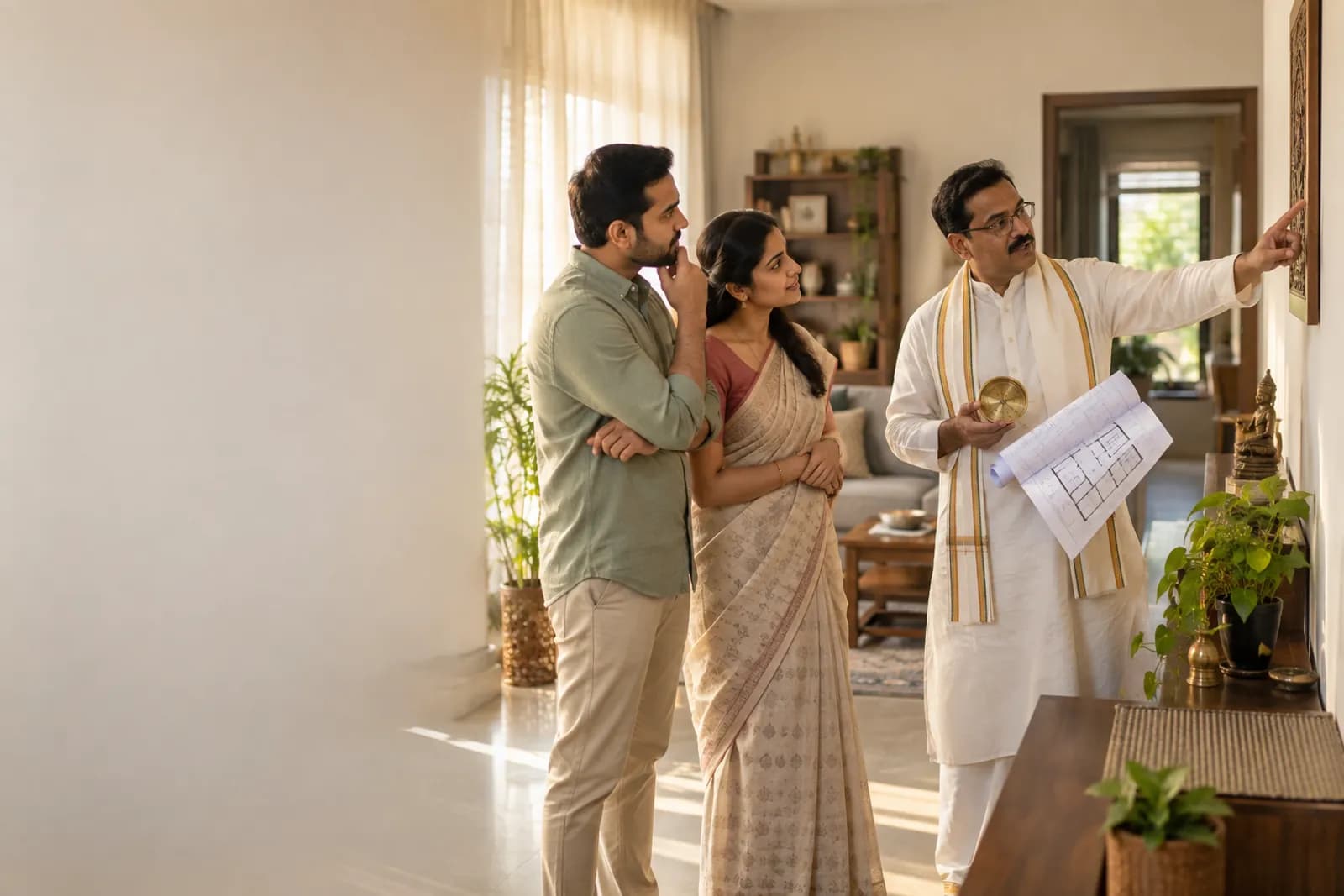 A Vastu consultant reviews a home layout with a couple.