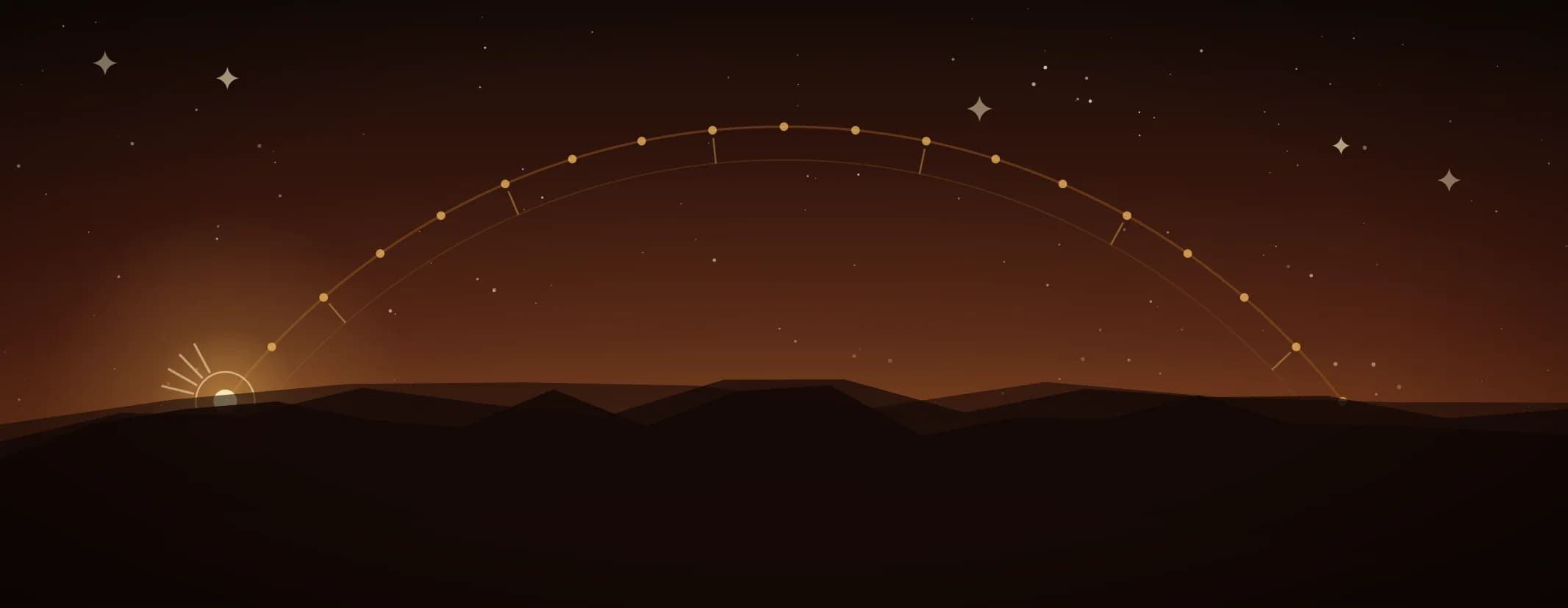 A brass ring of twenty-seven marked points curving over low hills at sunrise, one point near the left opened into its padas.