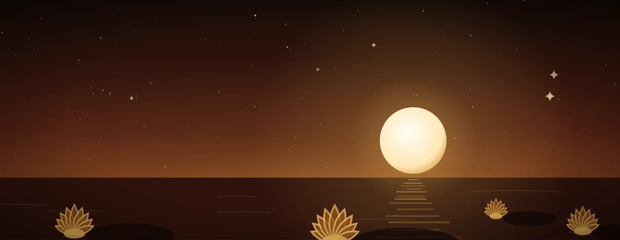 A low moon at the right over calm water, open lotus flowers resting on their pads, in warm sunrise colours.