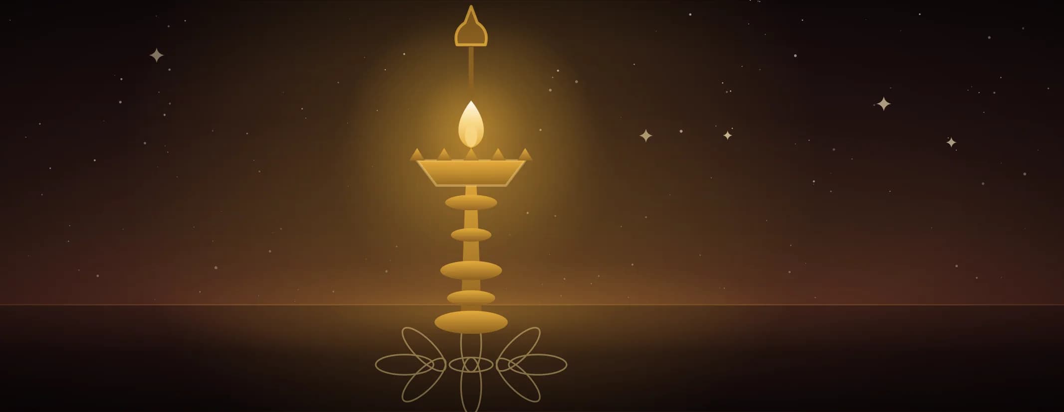 A tall brass oil lamp burning with a single flame, standing on a floor marked with a looped kolam, against a deep maroon night sky.