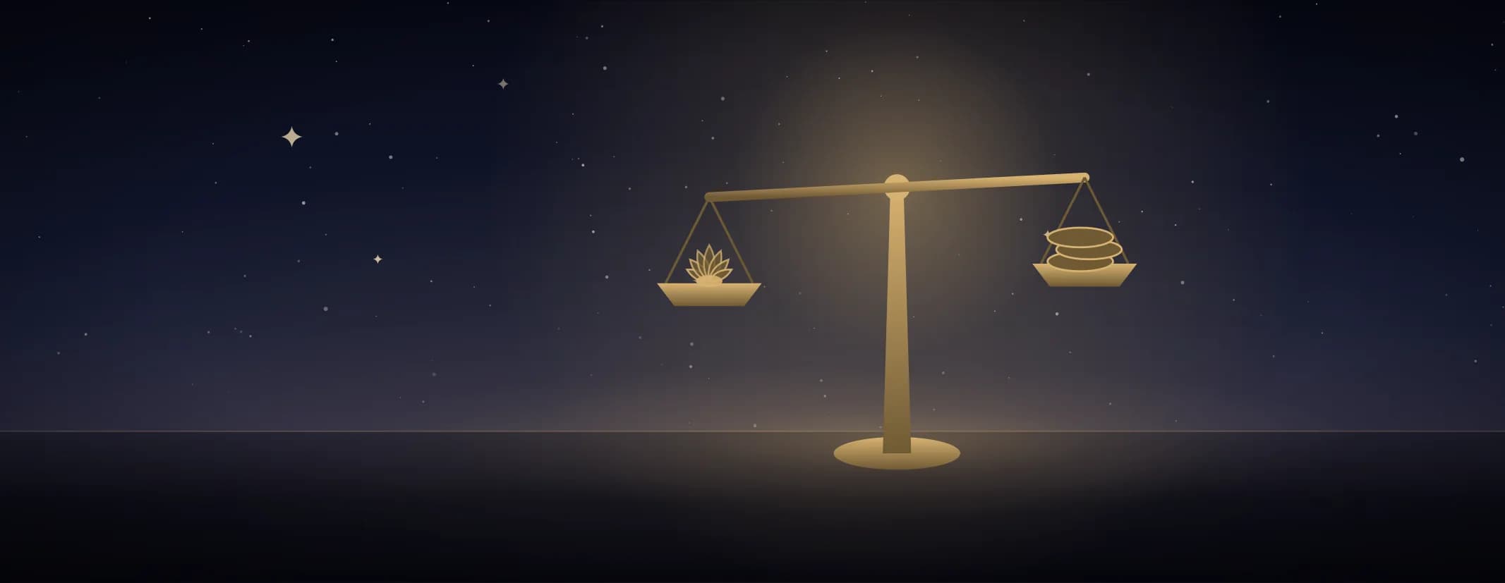 A brass balance with a lotus in one pan and stacked coins in the other, the beam tilted, on a dark lit floor.