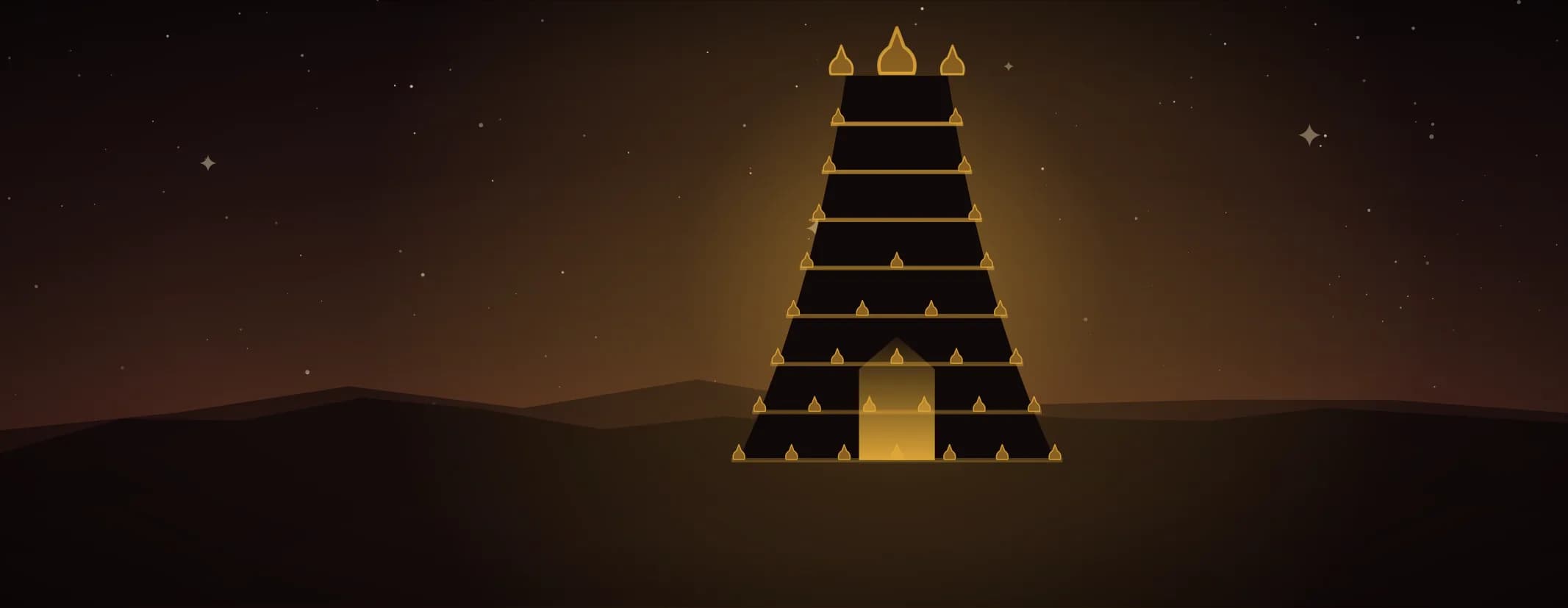 A stepped temple tower in silhouette with its doorway lit from within, brass finials along every tier, against a brass-toned night sky.