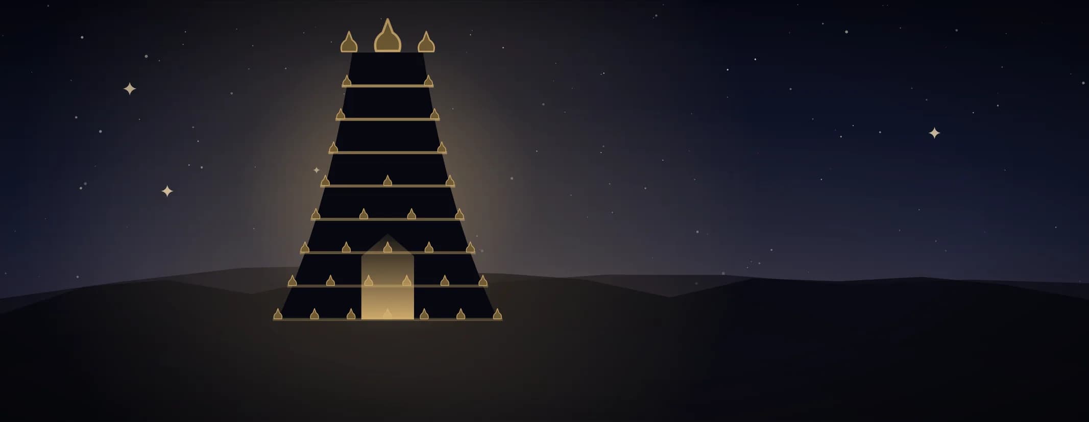 A stepped temple tower standing to the left against an indigo night, tier lips picked out in brass, its doorway lit.