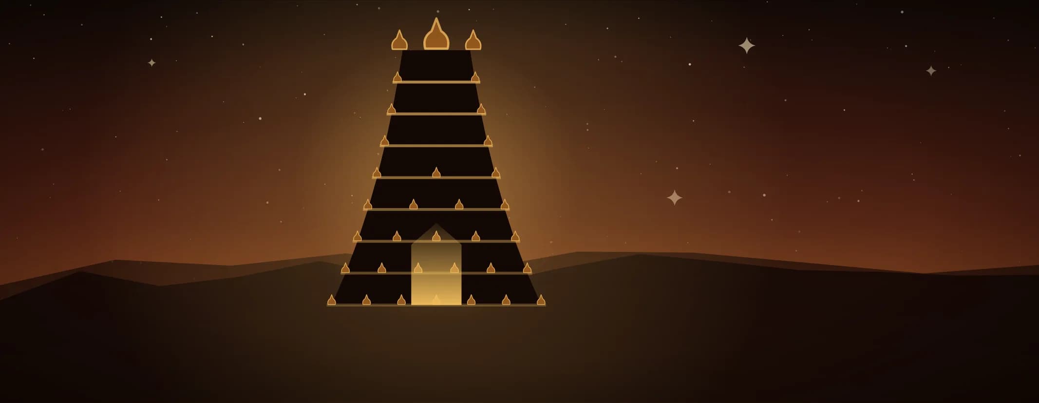 A tiered temple gopuram in silhouette against a sunrise glow, each tier lipped in brass and crowned with kalasha finials.