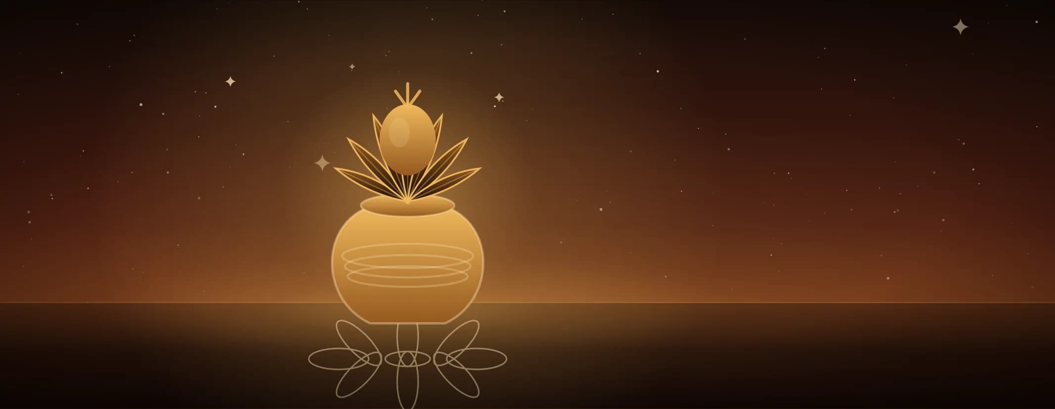 A brass pot dressed with mango leaves and a coconut, set on a kolam and lit from behind by a sunrise glow.
