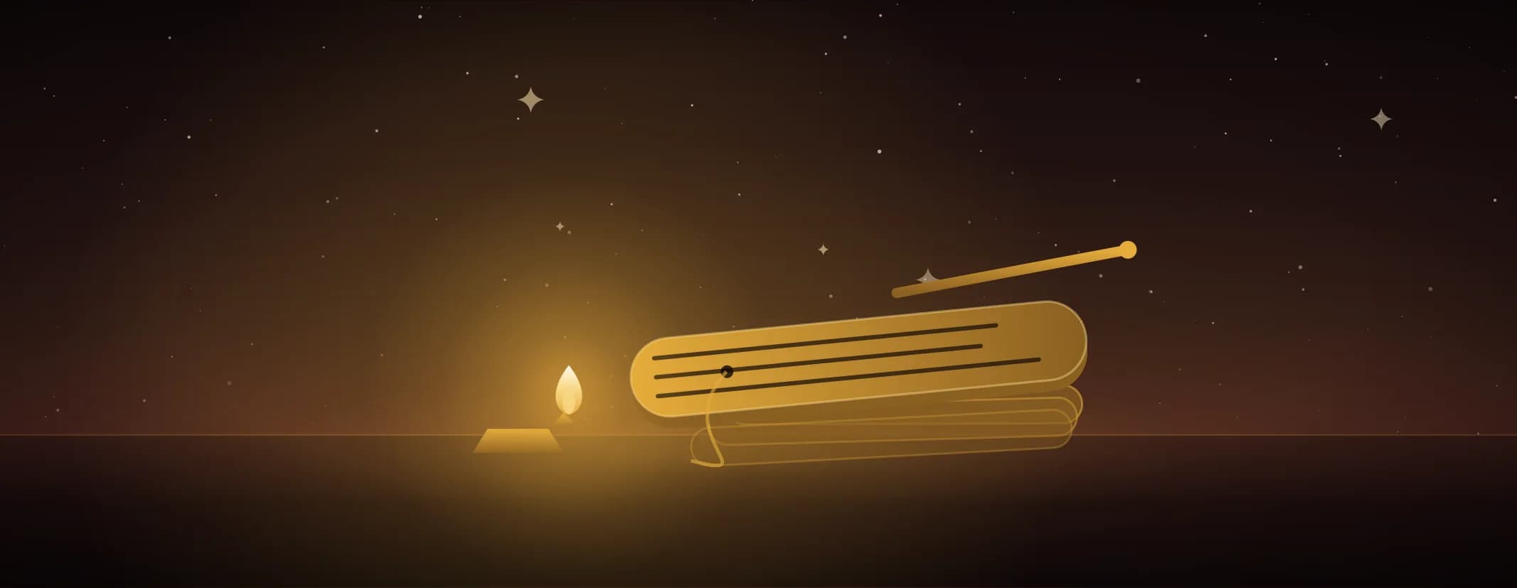 An opened palm-leaf page over a tied bundle, ruled with lines of script, a stylus across it and a lamp burning beside it.