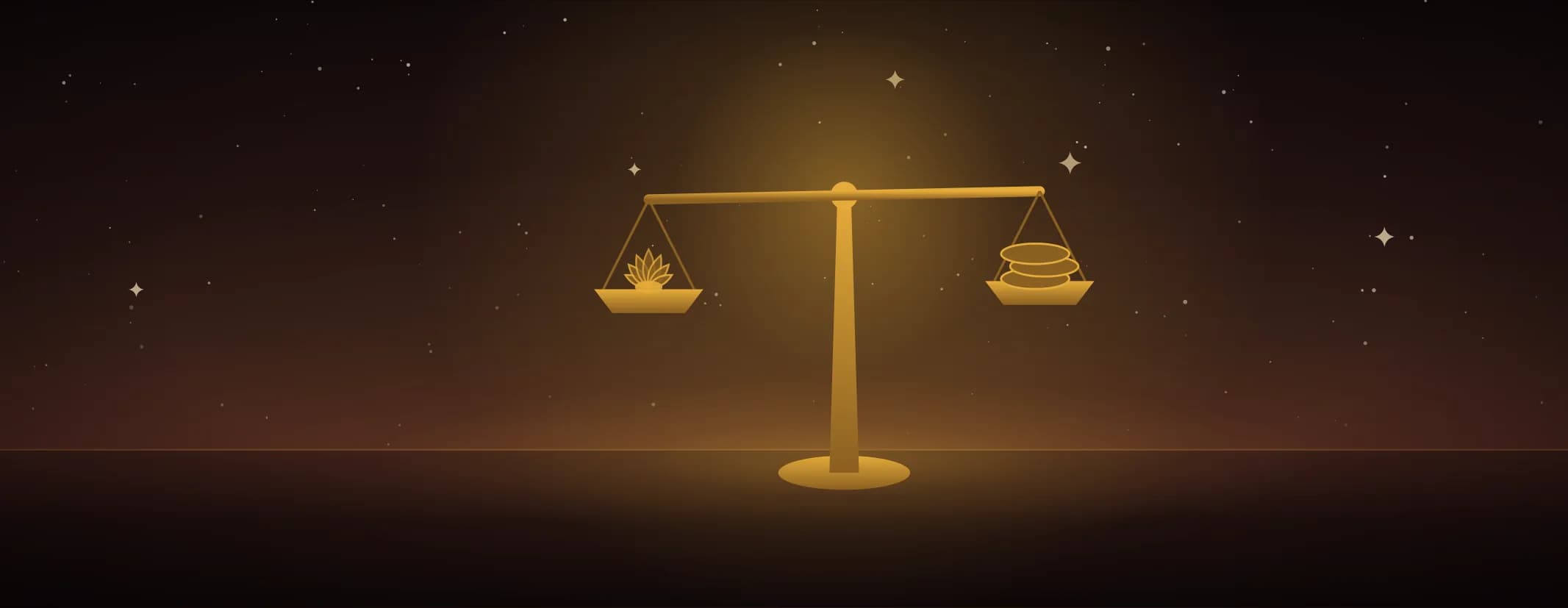 A brass balance on a turned column, a lotus resting in one pan and a short stack of coins in the other, the beam tilted.