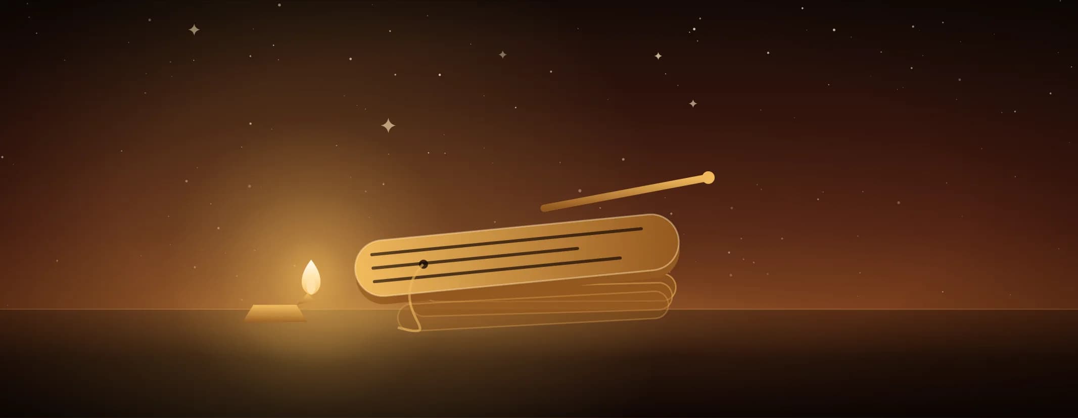 A tied bundle of palm-leaf pages with the top leaf opened and ruled with script, a stylus across it, against a sunrise glow, the subject set well to the left of the frame, drawn for this page's elements band.