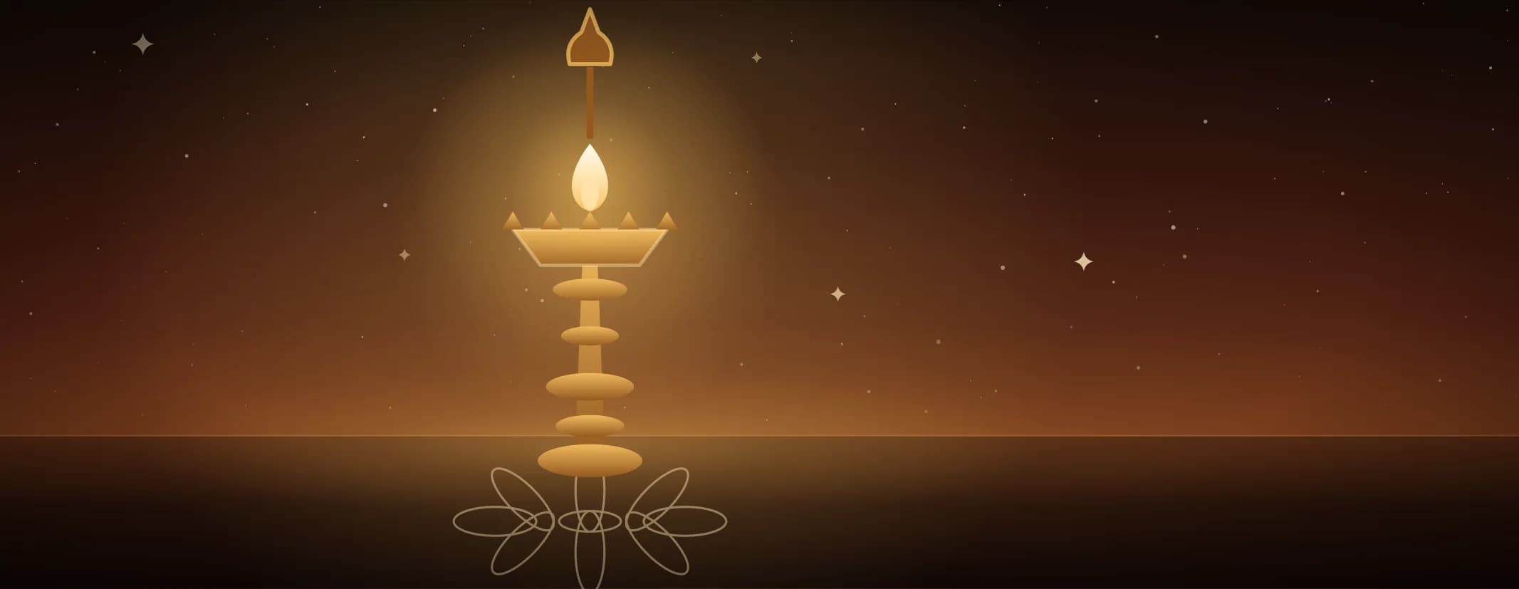 A tall brass oil lamp burning with a single flame on a floor marked with a looped kolam, against a sunrise glow, the subject set well to the left of the frame, drawn for this page's topics band.