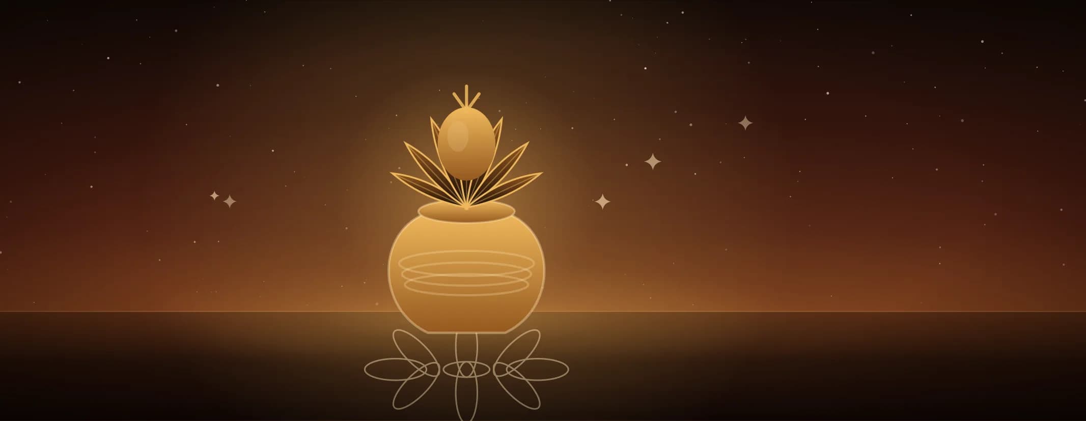A brass kalasham bound with thread and dressed with mango leaves and a coconut, set on a kolam, against a sunrise glow, the subject a little left of centre.