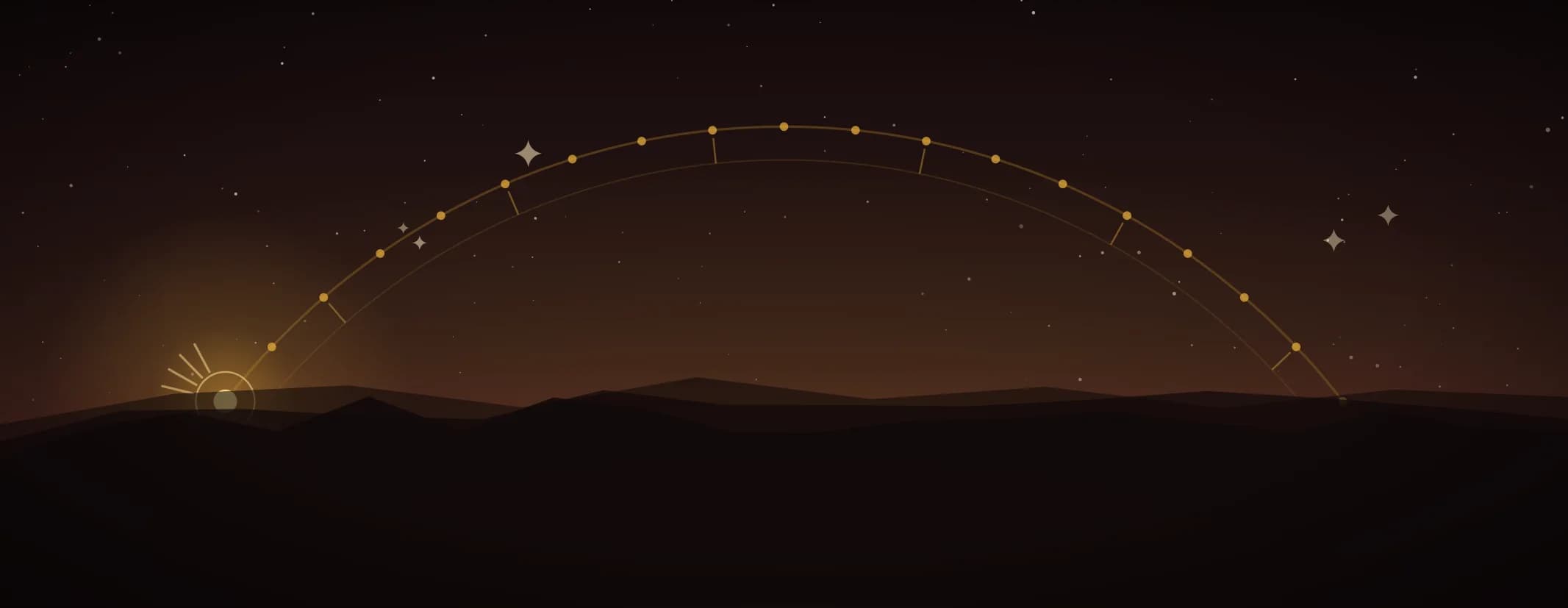 A brass arc of twenty-seven nakshatra points drawn across the sky above a dark ridge line, against a deep maroon night, the subject set well to the left of the frame.