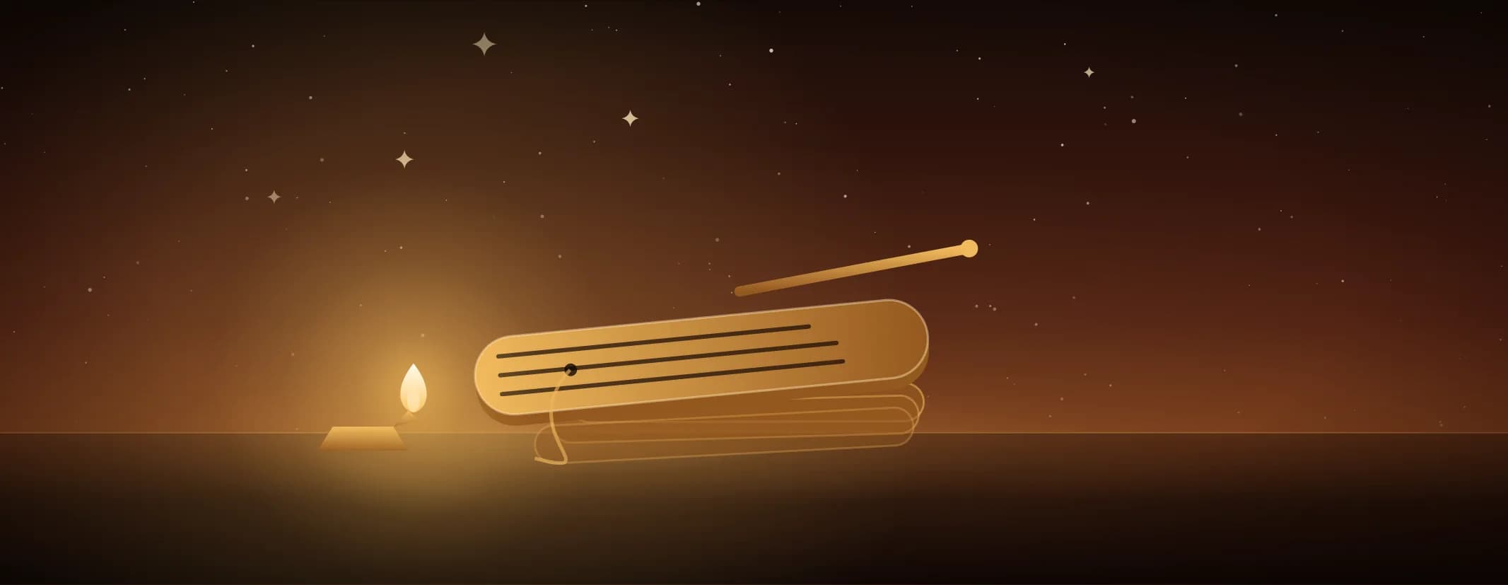 A tied bundle of palm-leaf pages with the top leaf opened and ruled with script, a stylus across it, against a sunrise glow, the subject set well to the left of the frame.