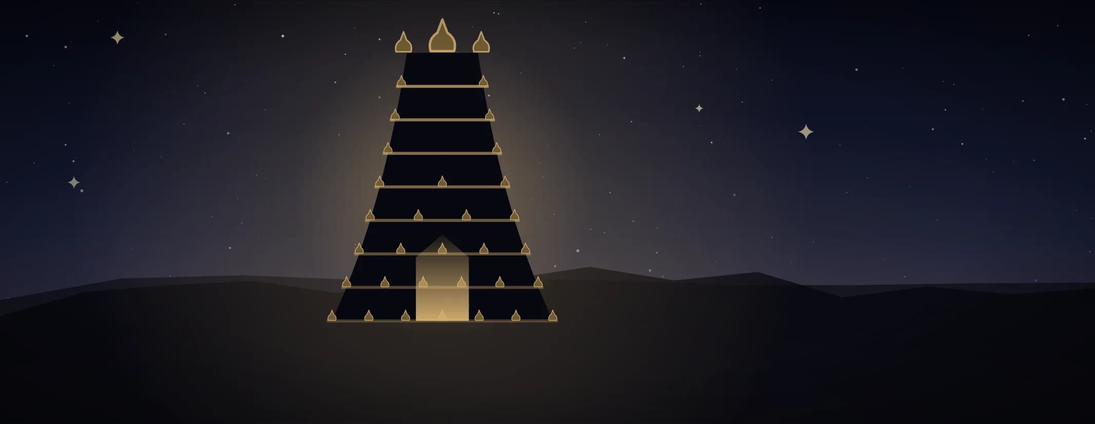 A tiered temple gopuram in silhouette with brass finials along every tier and its doorway lit, under a deep indigo sky, the subject set well to the left of the frame, drawn for this page's elements band.