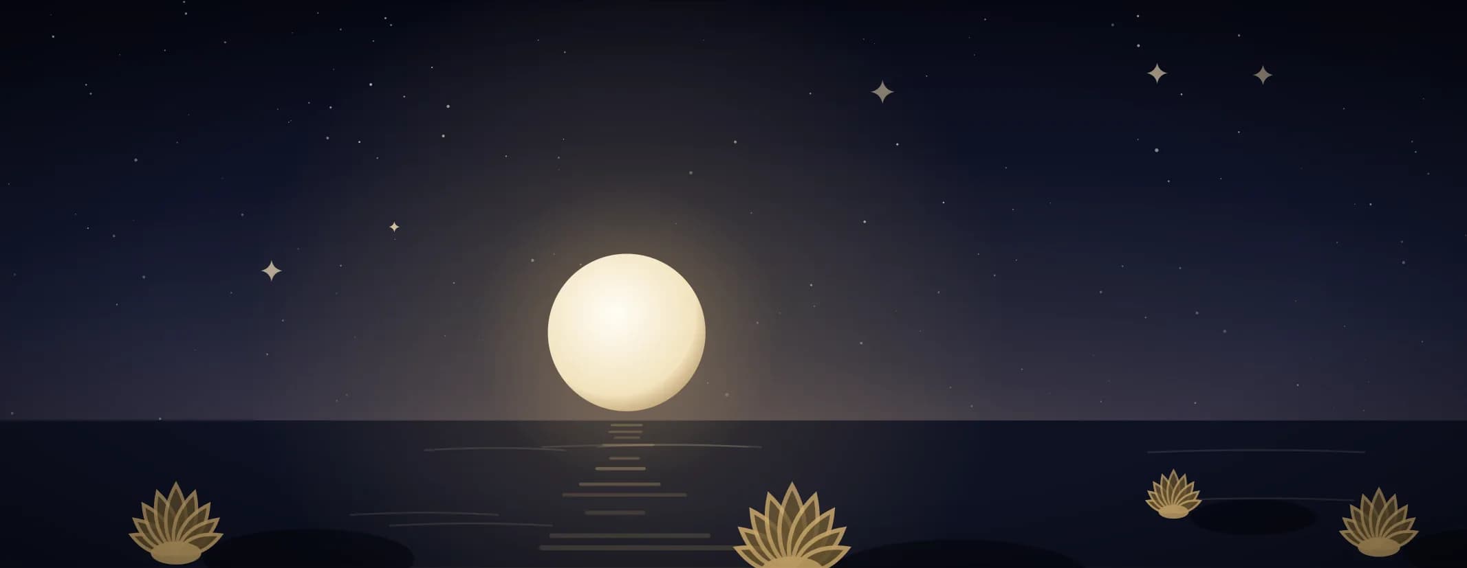A low moon over still water with open lotus flowers resting on their pads in the foreground, under a deep indigo sky, the subject a little left of centre.