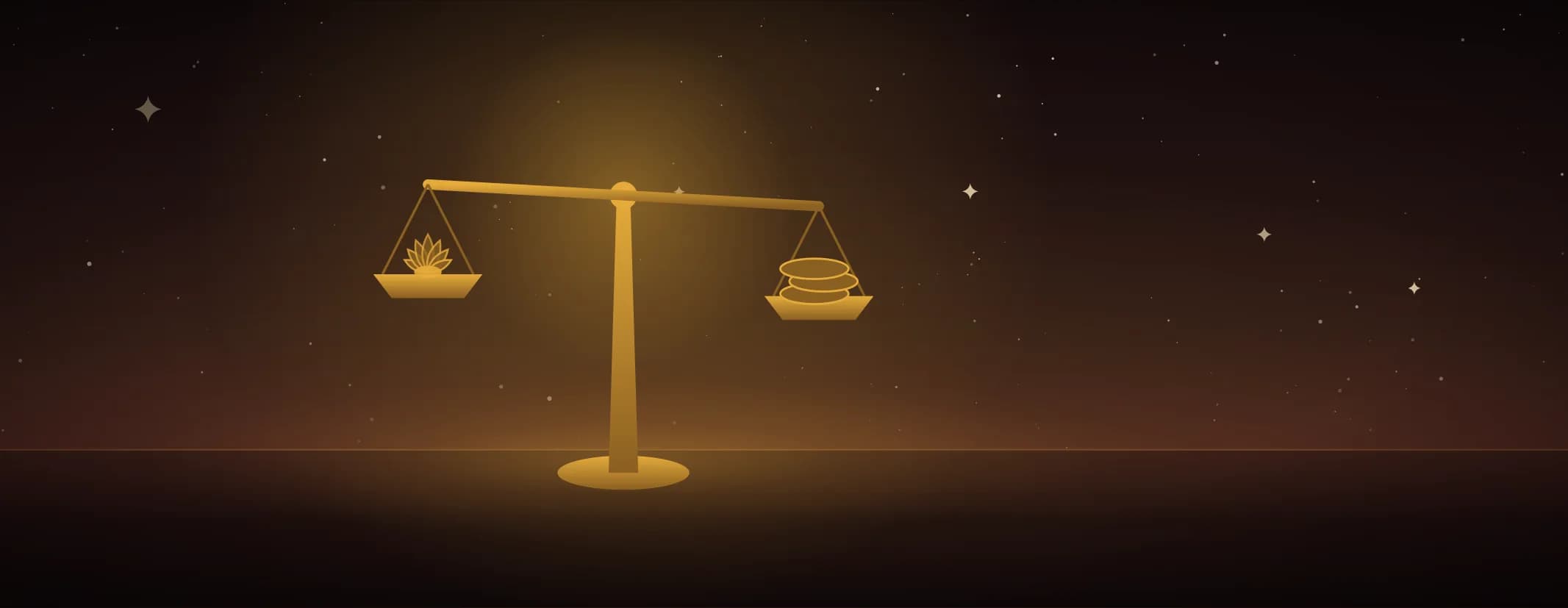 A brass balance on a turned column, a lotus in one pan and a short stack of coins in the other, against a deep maroon night, the subject set well to the left of the frame.