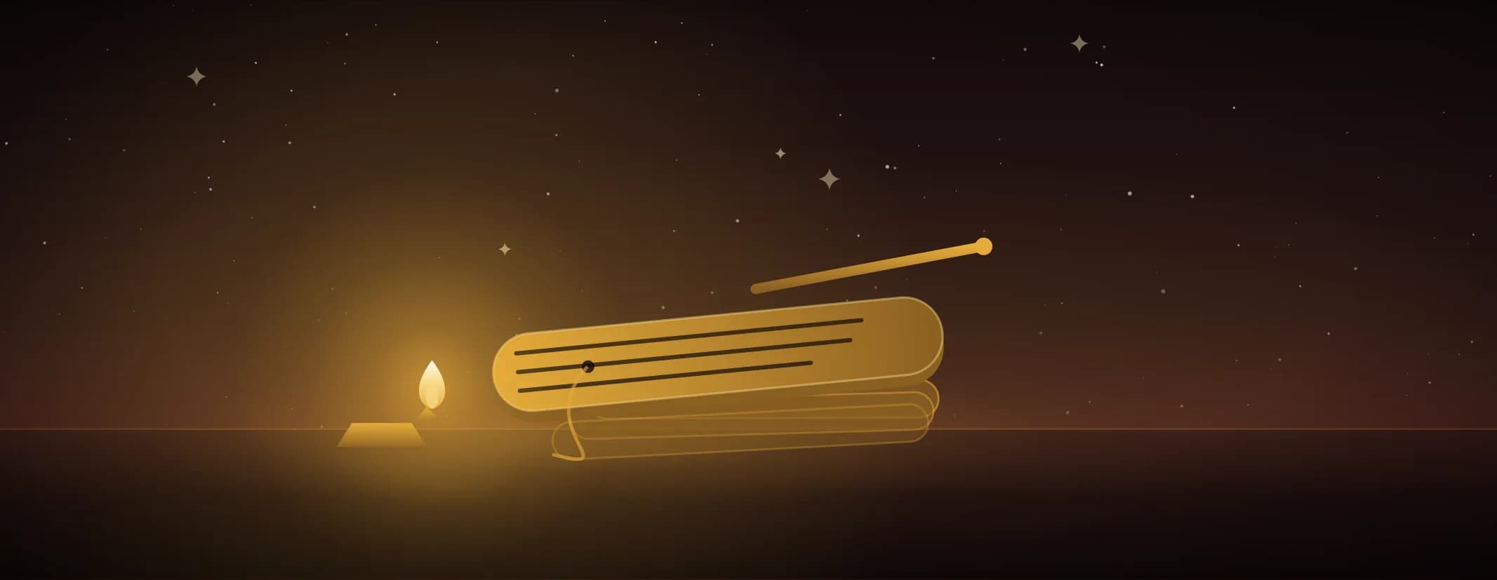 A tied bundle of palm-leaf pages with the top leaf opened and ruled with script, a stylus across it, against a deep maroon night, the subject set well to the left of the frame, drawn for this page's topics band.