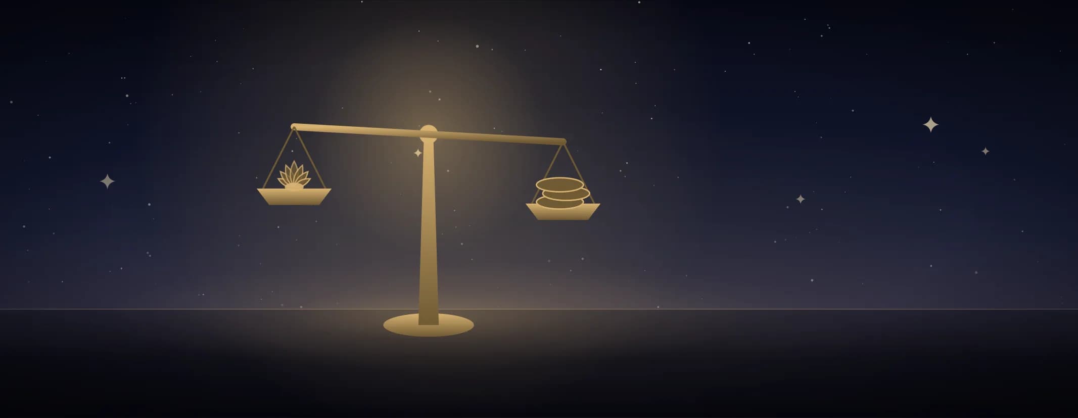 A brass balance on a turned column, a lotus in one pan and a short stack of coins in the other, under a deep indigo sky, the subject set well to the left of the frame.