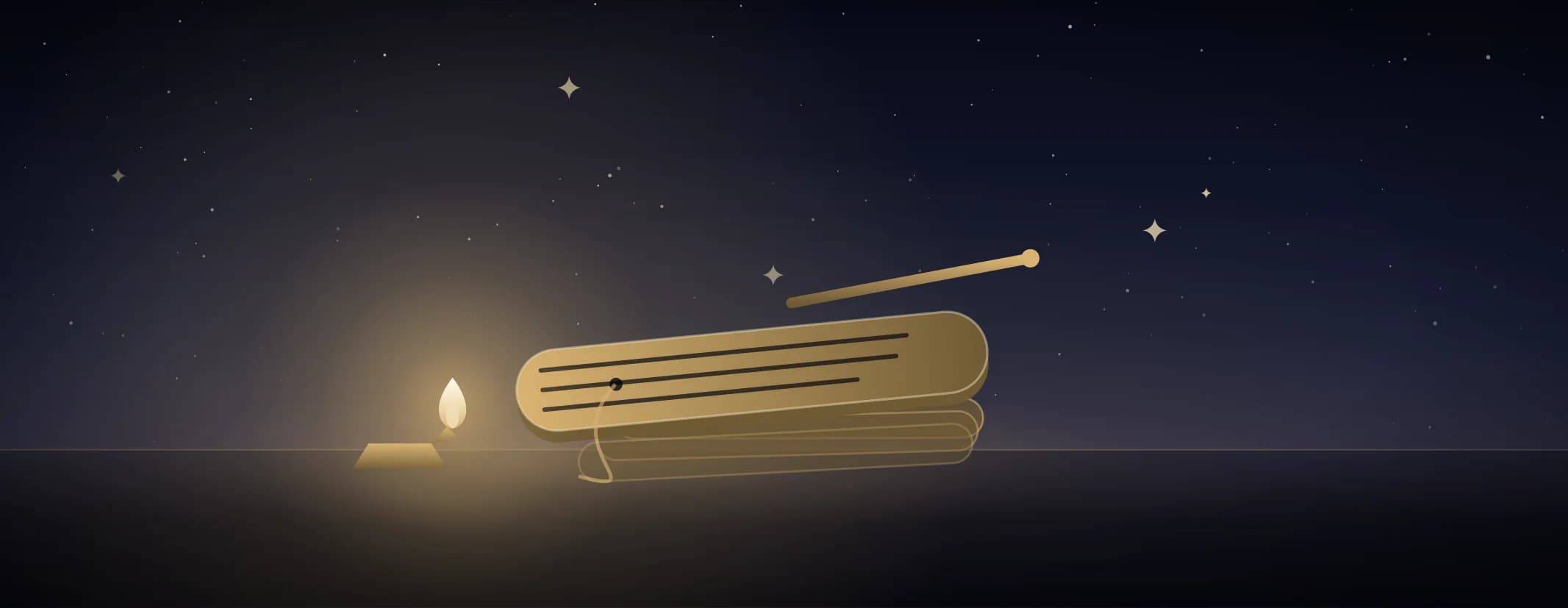 A tied bundle of palm-leaf pages with the top leaf opened and ruled with script, a stylus across it, under a deep indigo sky, the subject set well to the left of the frame, drawn for this page's topics band.