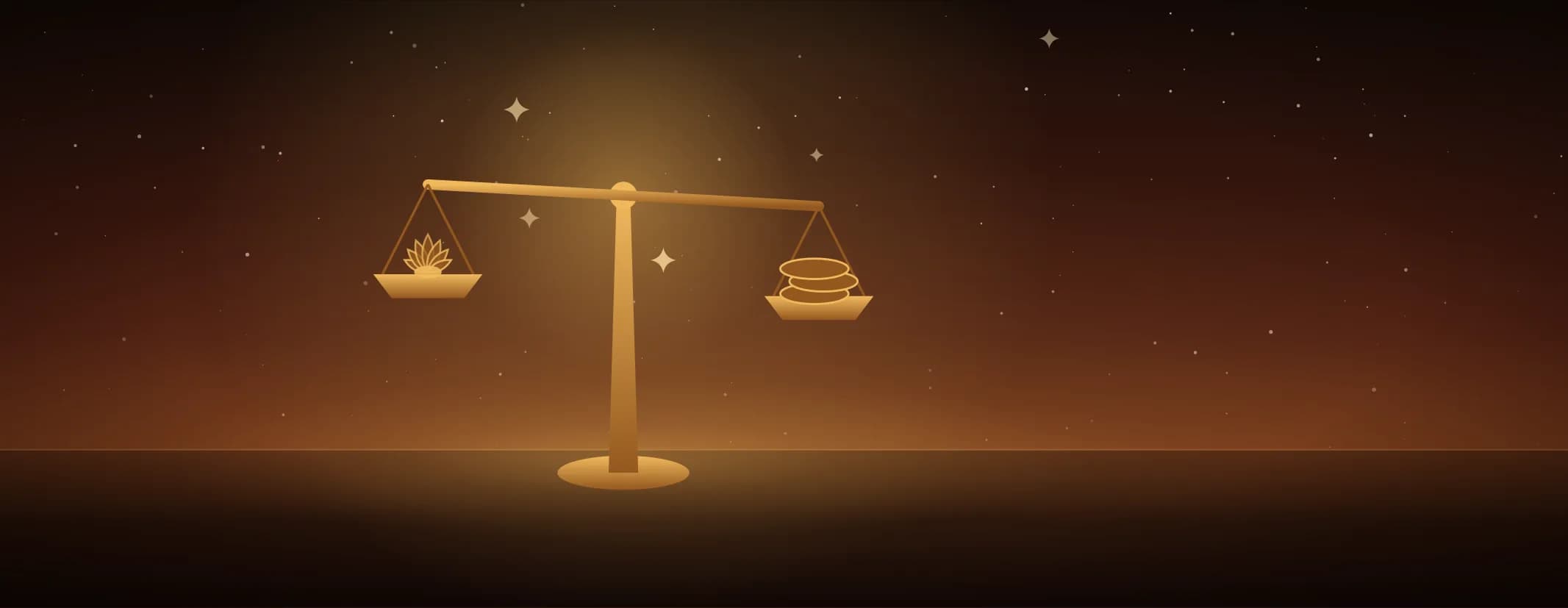 A brass balance on a turned column, a lotus in one pan and a short stack of coins in the other, against a sunrise glow, the subject set well to the left of the frame.