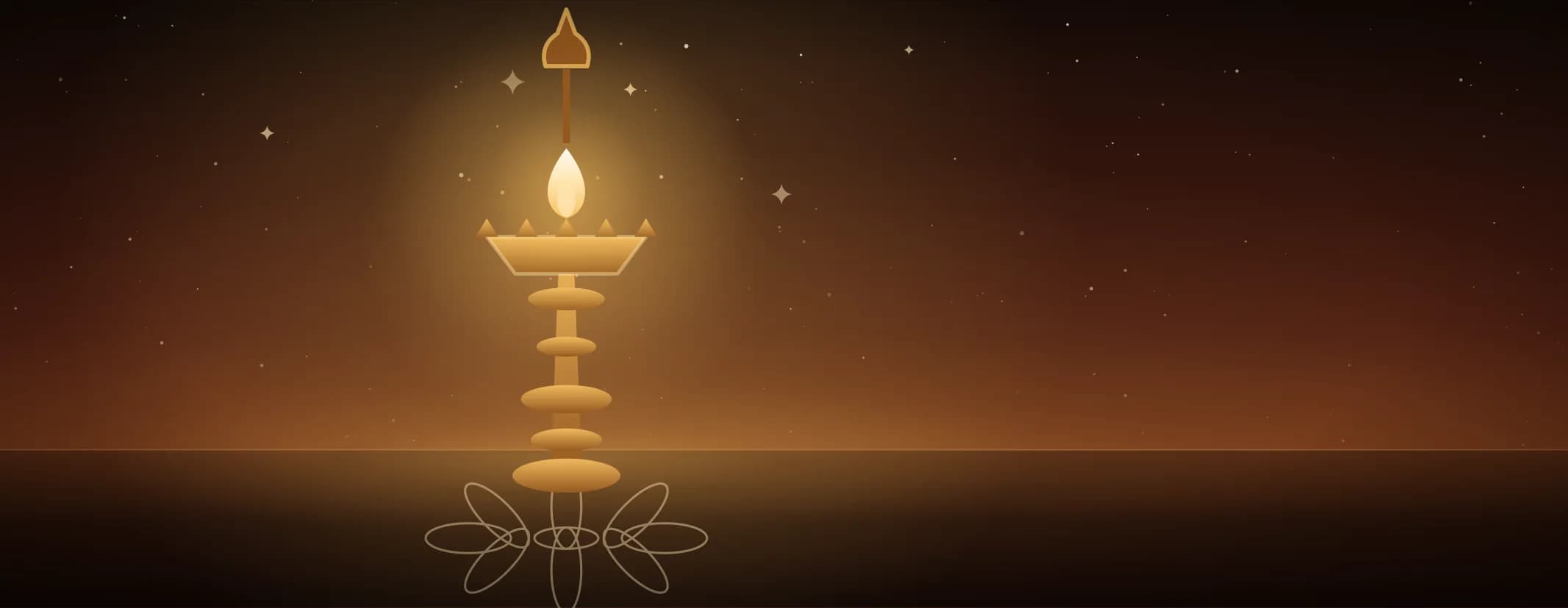 A tall brass oil lamp burning with a single flame on a floor marked with a looped kolam, against a sunrise glow, the subject set well to the left of the frame.