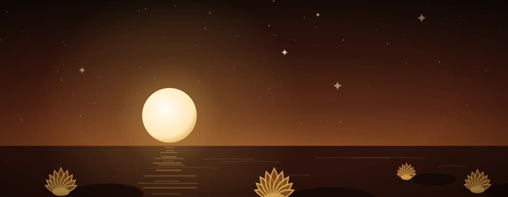 A low moon over still water with open lotus flowers resting on their pads in the foreground, against a sunrise glow, the subject set well to the left of the frame.