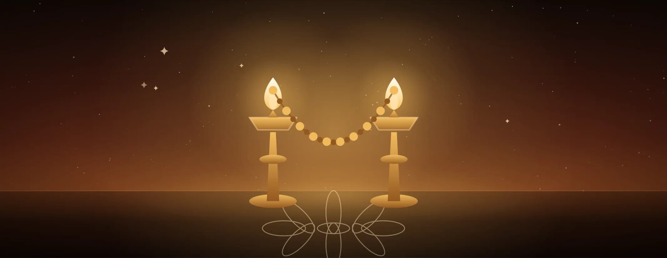 Two brass lamps both lit, a beaded garland slung in a curve between them over a kolam floor, against a sunrise glow, the subject set well to the left of the frame.