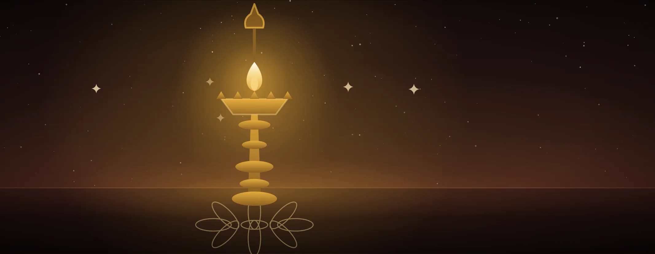 A tall brass oil lamp burning with a single flame on a floor marked with a looped kolam, against a deep maroon night, the subject set well to the left of the frame, drawn for this page's topics band.