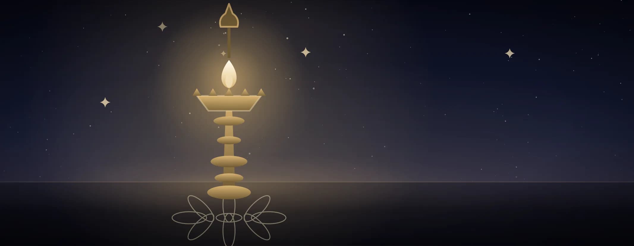 A tall brass oil lamp burning with a single flame on a floor marked with a looped kolam, under a deep indigo sky, the subject set well to the left of the frame.