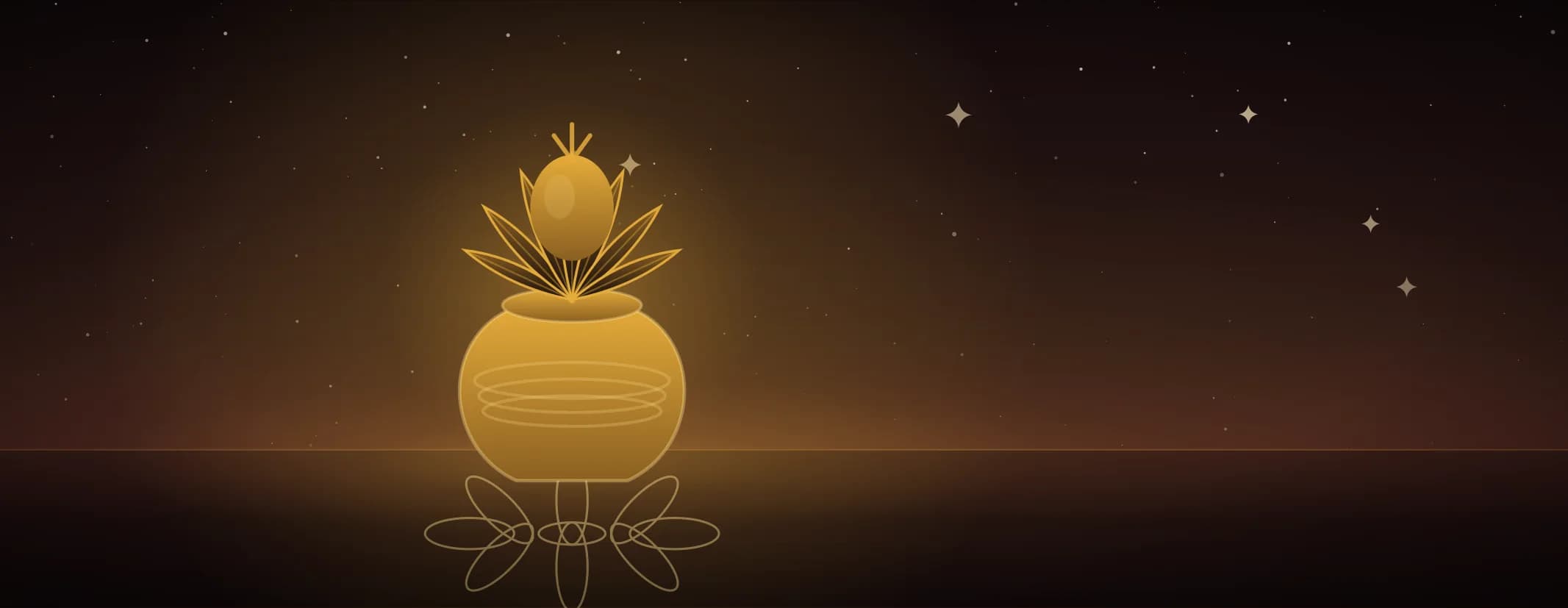 A brass kalasham bound with thread and dressed with mango leaves and a coconut, set on a kolam, against a deep maroon night, the subject set well to the left of the frame.