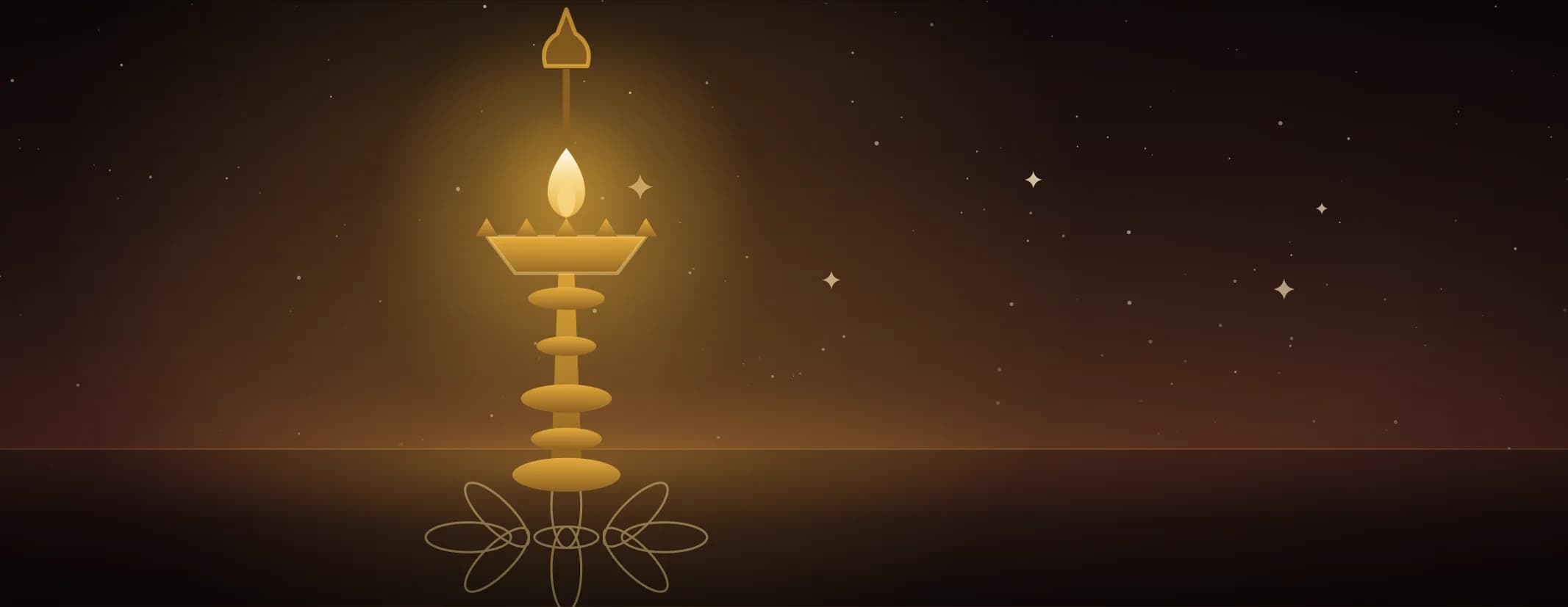 A tall brass oil lamp burning with a single flame on a floor marked with a looped kolam, against a deep maroon night, the subject set well to the left of the frame.