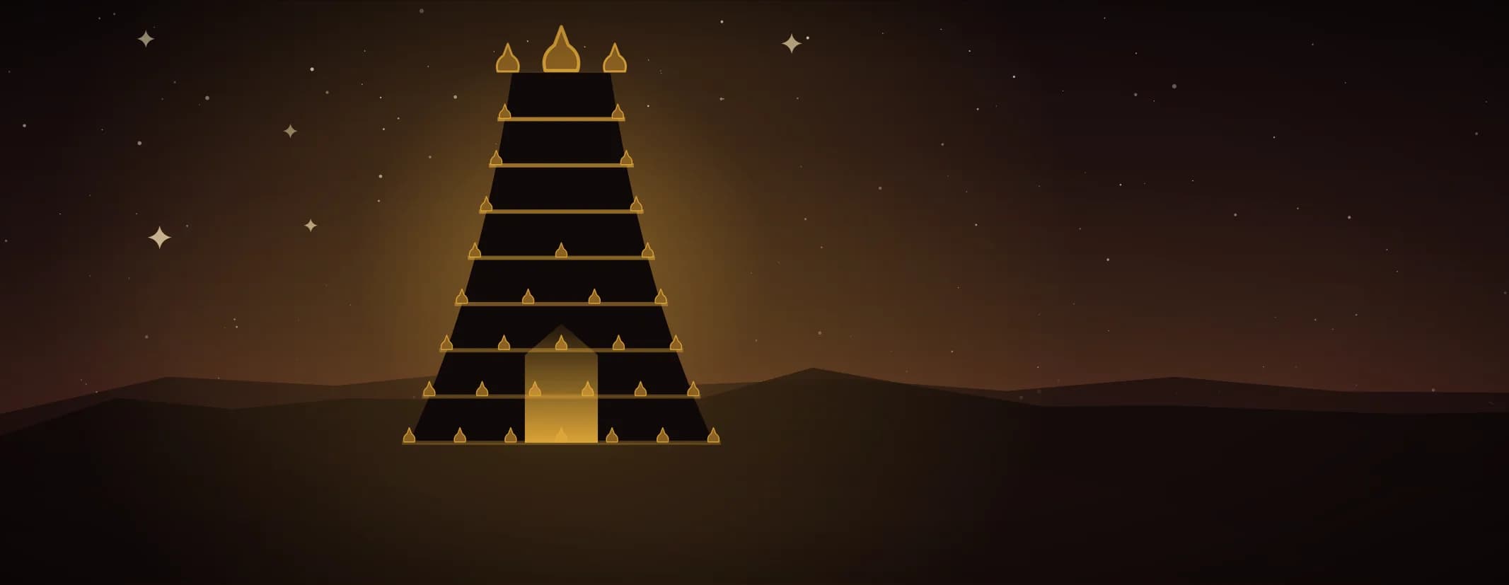 A tiered temple gopuram in silhouette with brass finials along every tier and its doorway lit, against a deep maroon night, the subject set well to the left of the frame.
