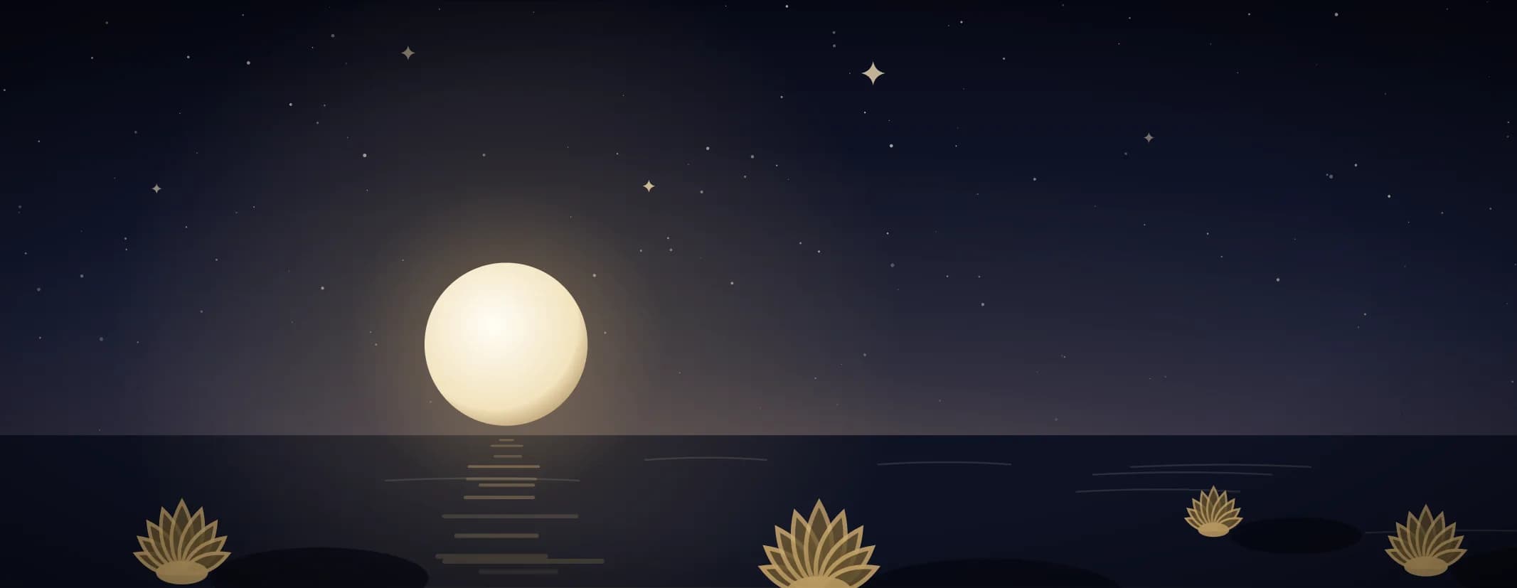 A low moon over still water with open lotus flowers resting on their pads in the foreground, under a deep indigo sky, the subject set well to the left of the frame.