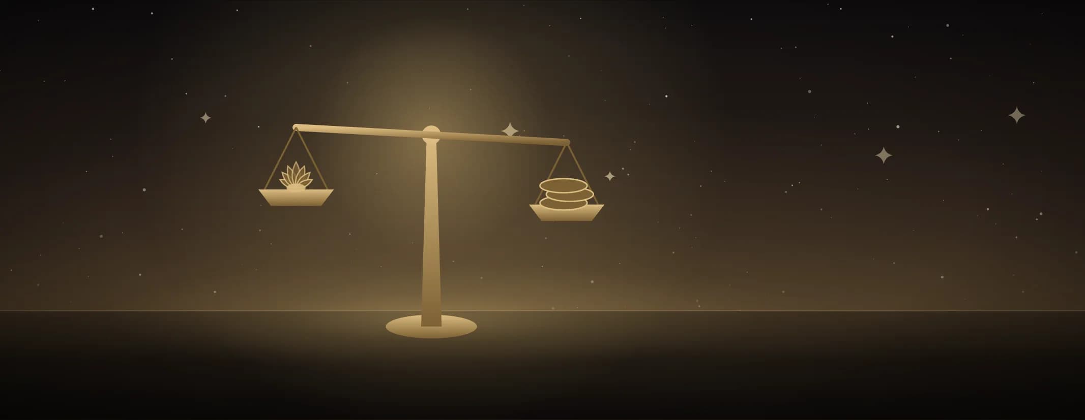 A brass balance on a turned column, a lotus in one pan and a short stack of coins in the other, in sandalwood and pale gold, the subject set well to the left of the frame.