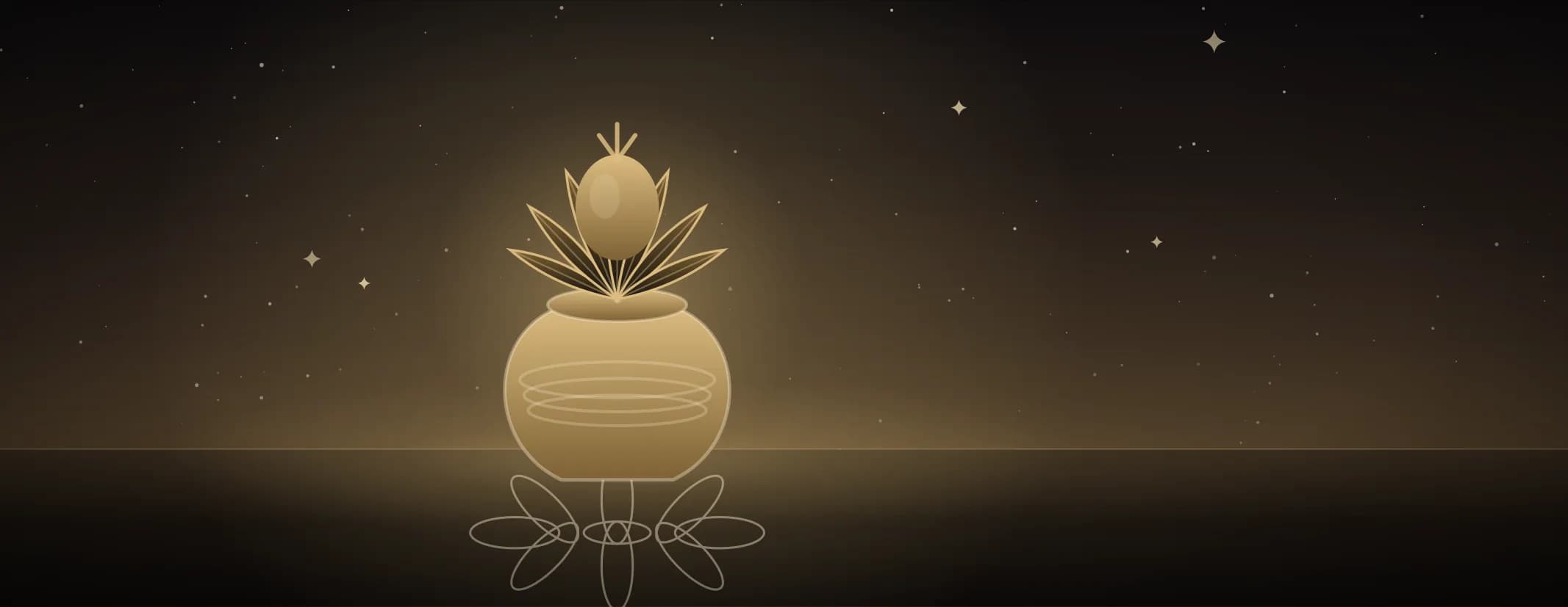 A brass kalasham bound with thread and dressed with mango leaves and a coconut, set on a kolam, in sandalwood and pale gold, the subject set well to the left of the frame, drawn for this page's topics band.