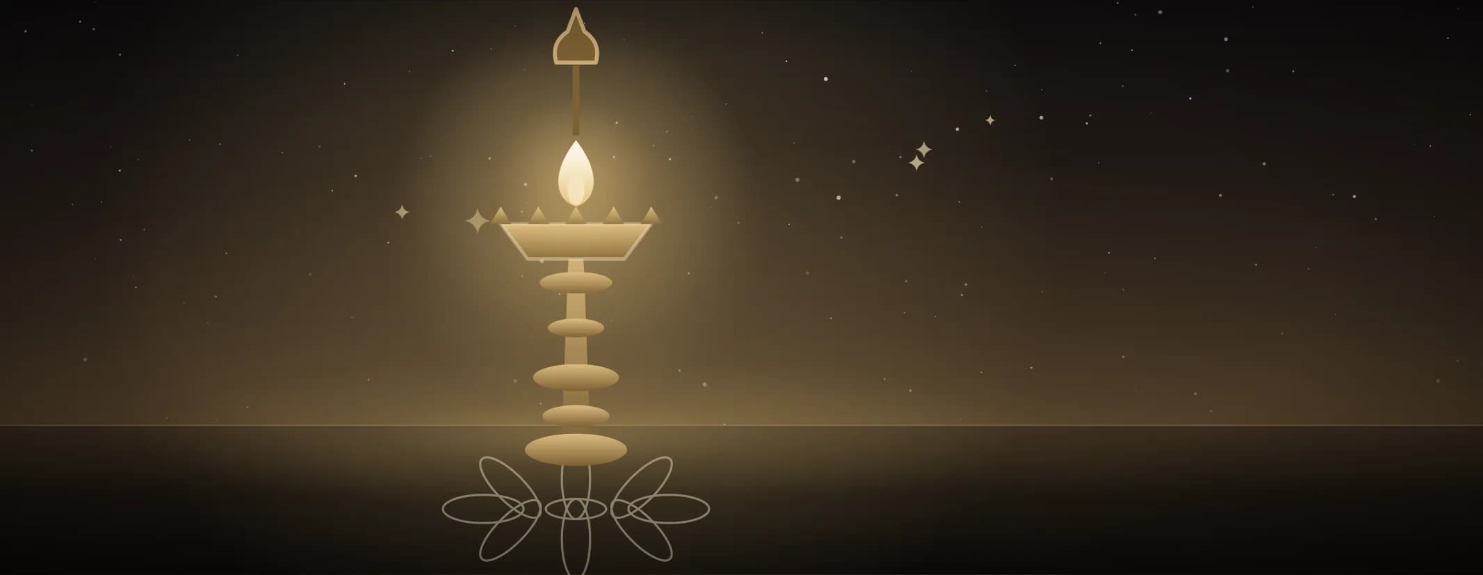 A tall brass oil lamp burning with a single flame on a floor marked with a looped kolam, in sandalwood and pale gold, the subject set well to the left of the frame, drawn for this page's elements band.
