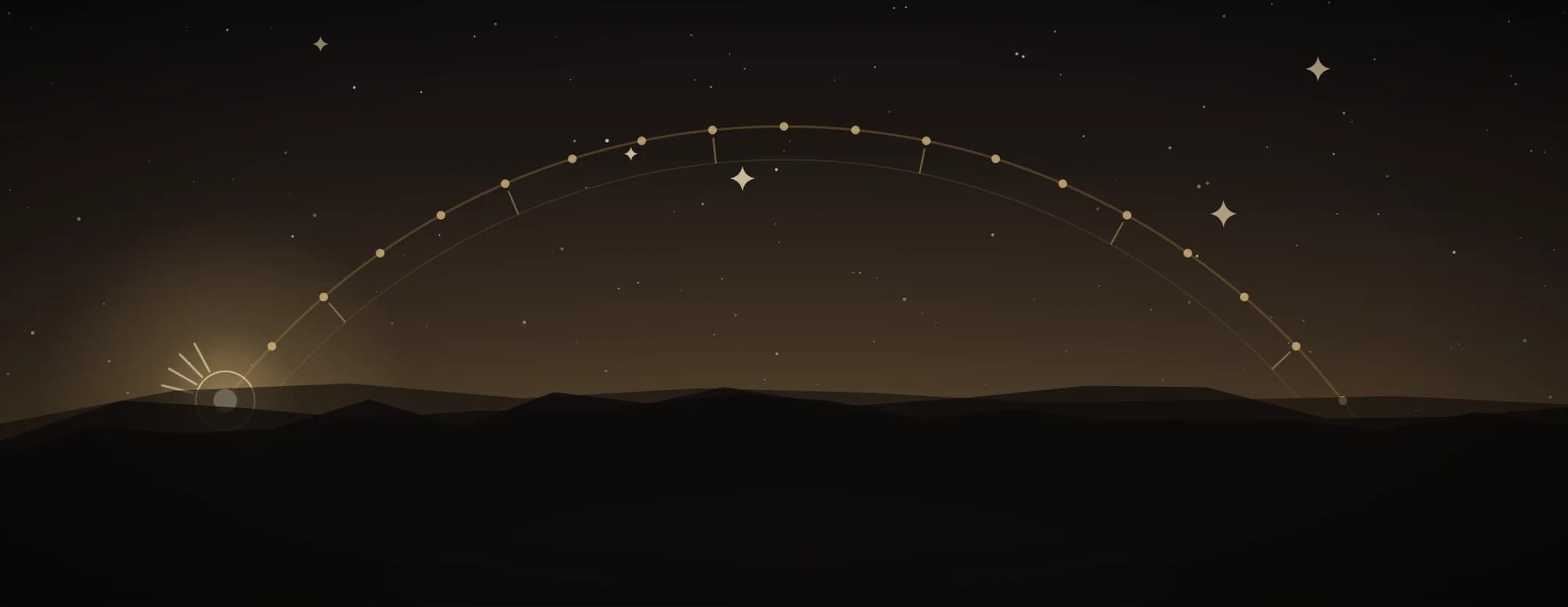 A brass arc of twenty-seven nakshatra points drawn across the sky above a dark ridge line, in sandalwood and pale gold, the subject set well to the left of the frame.