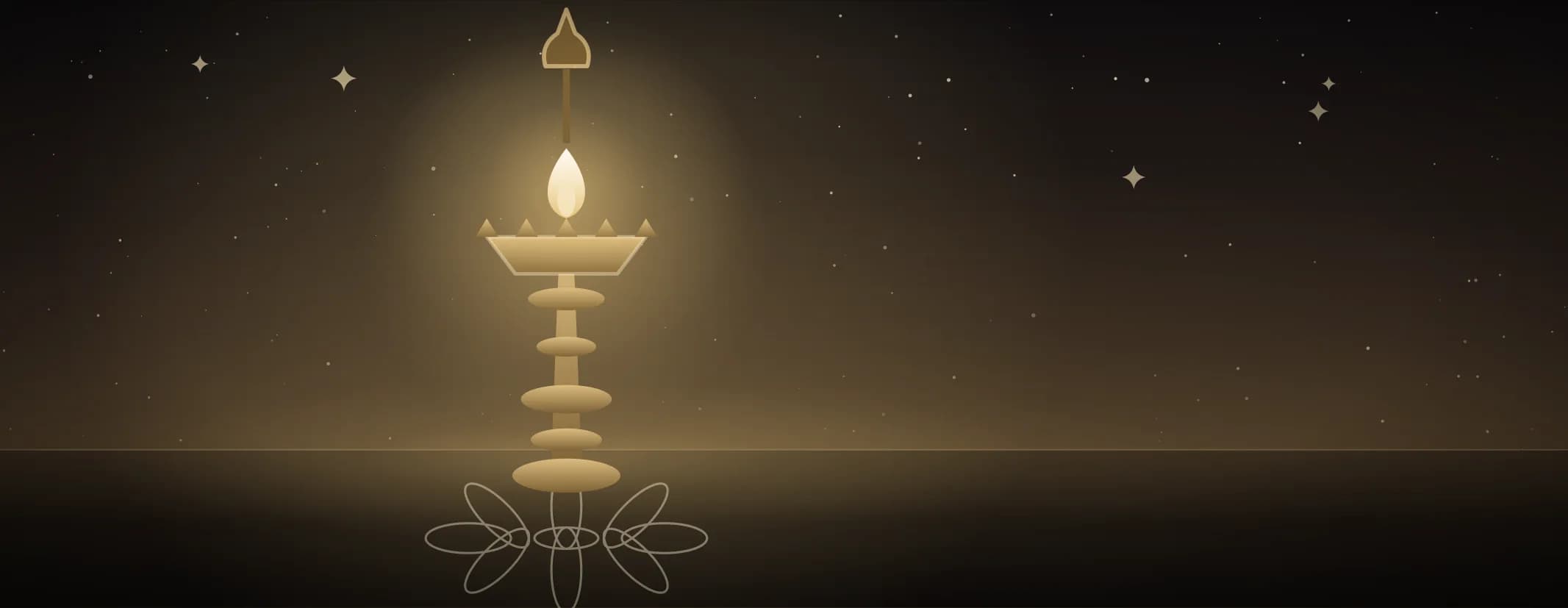 A tall brass oil lamp burning with a single flame on a floor marked with a looped kolam, in sandalwood and pale gold, the subject set well to the left of the frame.