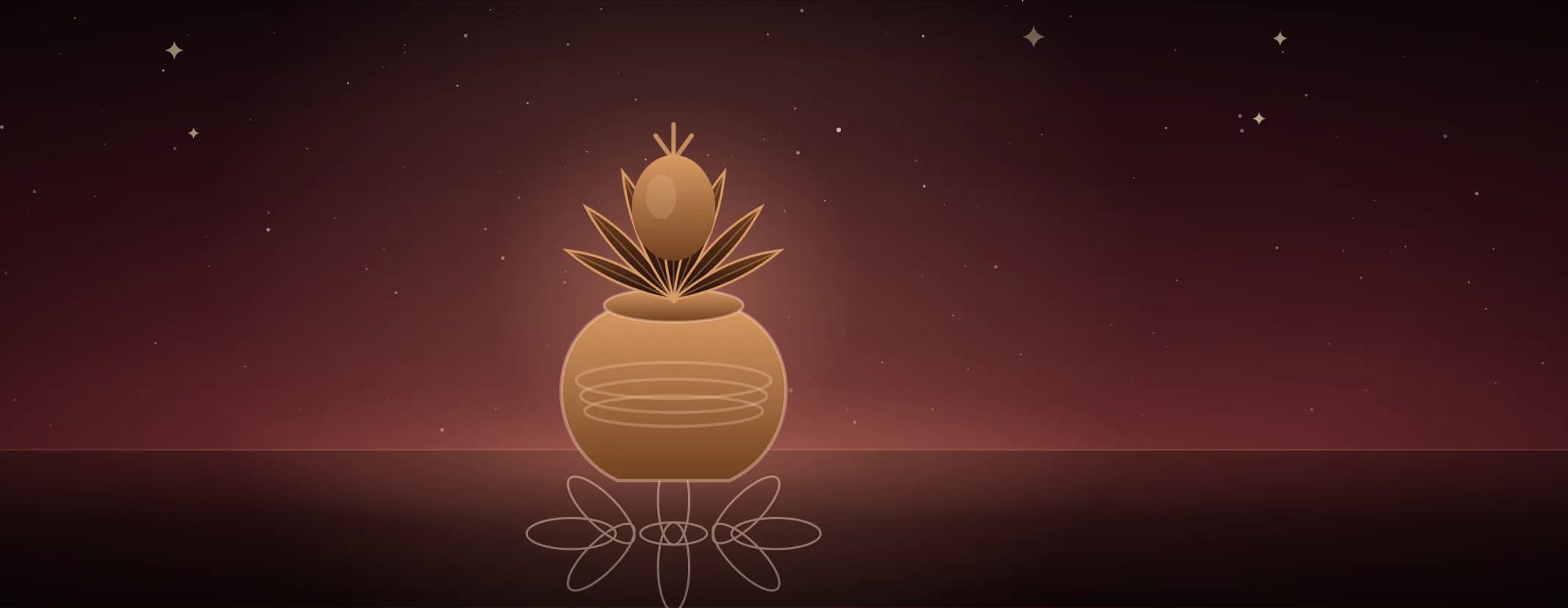 A brass kalasham bound with thread and dressed with mango leaves and a coconut, set on a kolam, in warm red light, the subject a little left of centre.