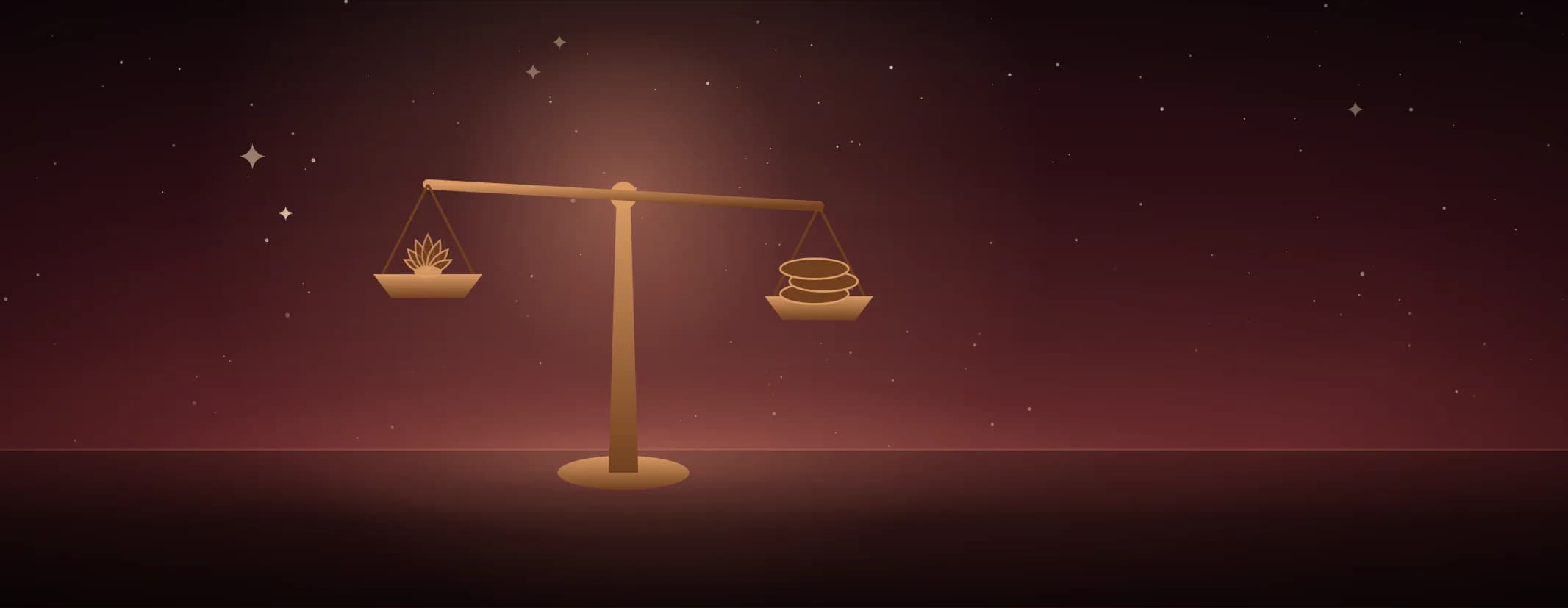 A brass balance on a turned column, a lotus in one pan and a short stack of coins in the other, in warm red light, the subject set well to the left of the frame.
