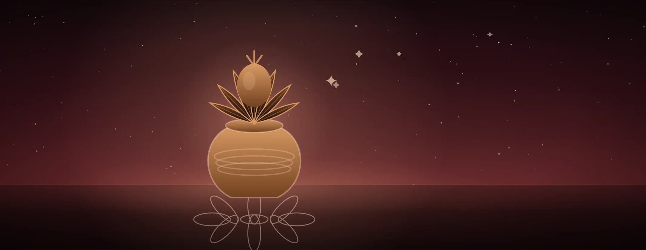 A brass kalasham bound with thread and dressed with mango leaves and a coconut, set on a kolam, in warm red light, the subject set well to the left of the frame, drawn for this page's elements band.
