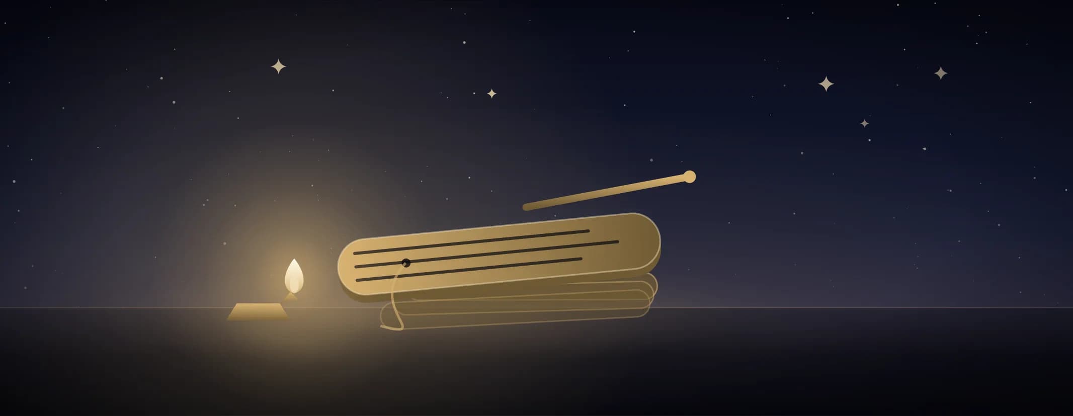 A tied bundle of palm-leaf pages with the top leaf opened and ruled with script, a stylus across it, under a deep indigo sky, the subject set well to the left of the frame.