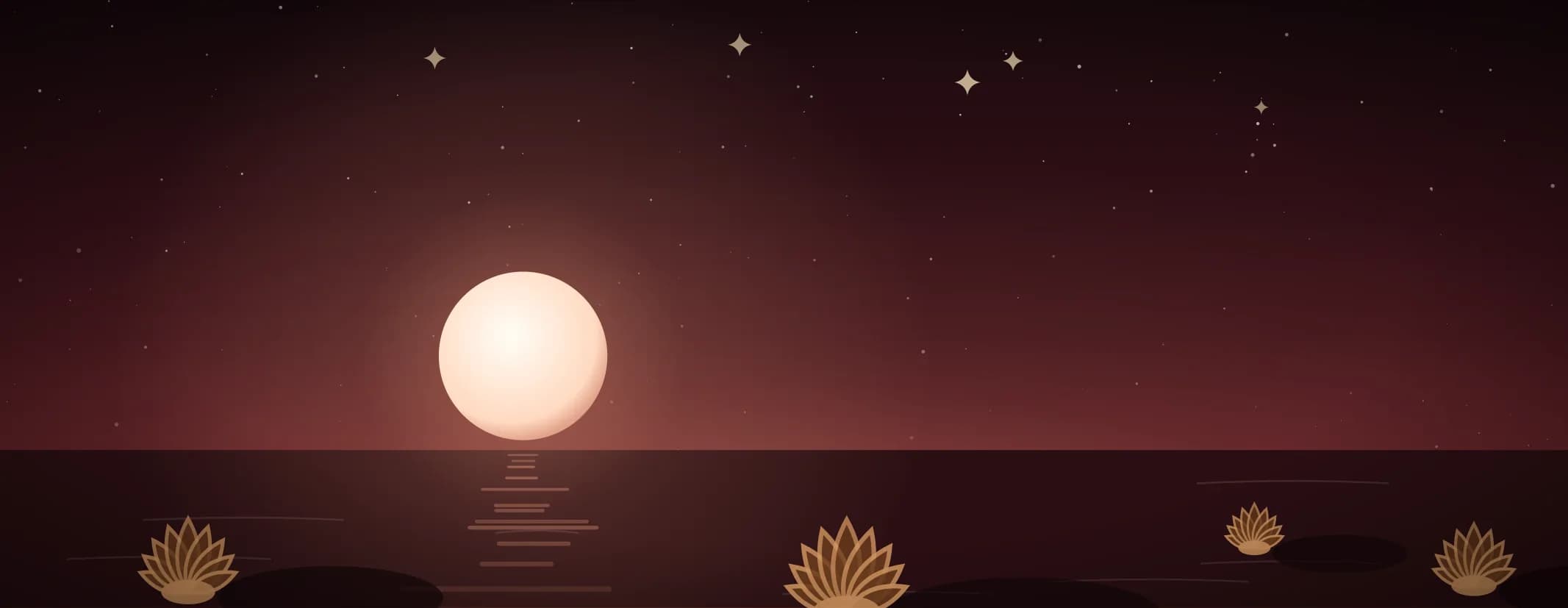 A low moon over still water with open lotus flowers resting on their pads in the foreground, in warm red light, the subject set well to the left of the frame.