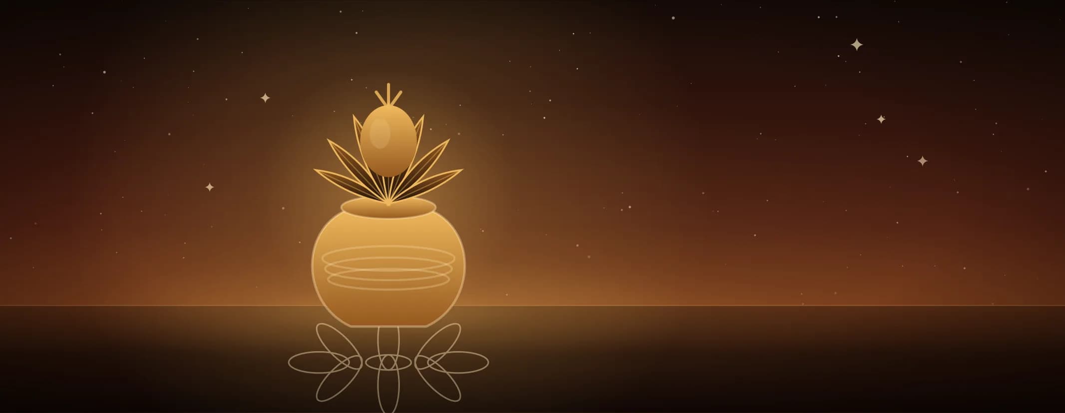 A brass kalasham bound with thread and dressed with mango leaves and a coconut, set on a kolam, against a sunrise glow, the subject set well to the left of the frame.