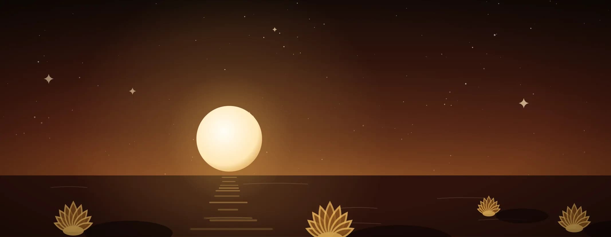 A low moon over still water with open lotus flowers resting on their pads in the foreground, against a sunrise glow, the subject set well to the left of the frame, drawn for this page's topics band.