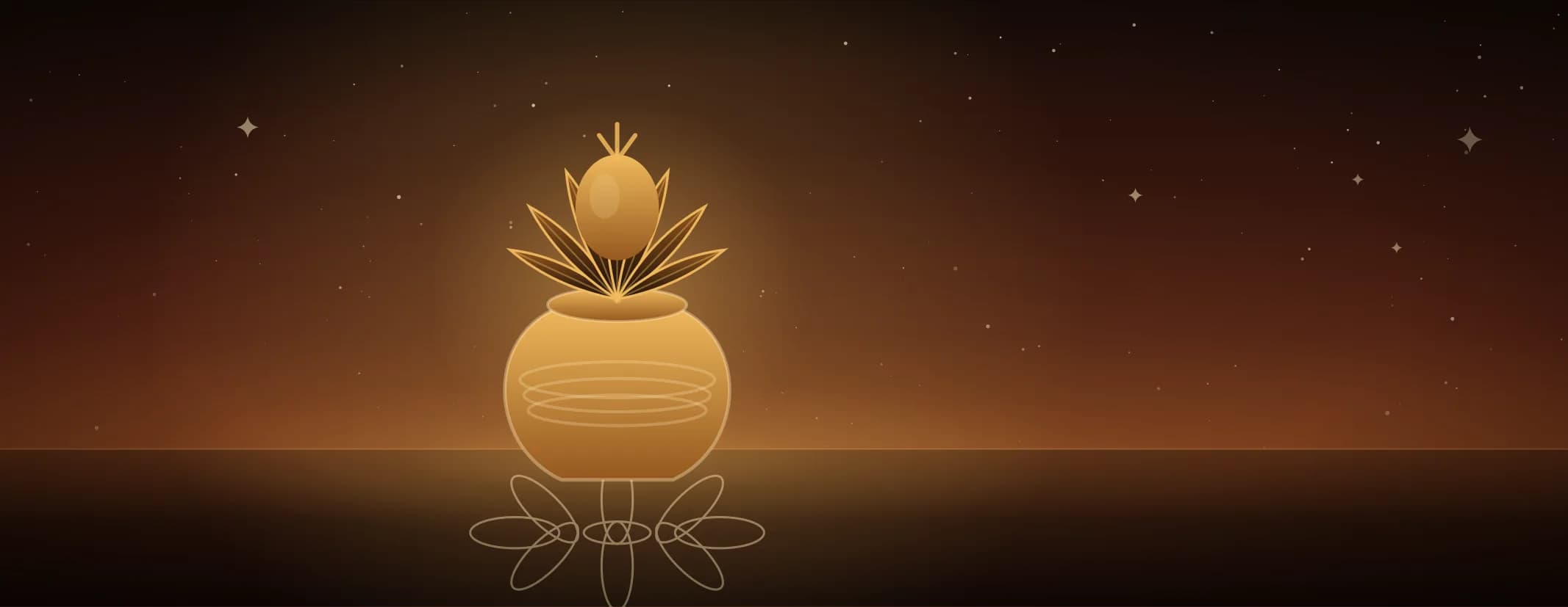A brass kalasham bound with thread and dressed with mango leaves and a coconut, set on a kolam, against a sunrise glow, the subject set well to the left of the frame, drawn for this page's elements band.