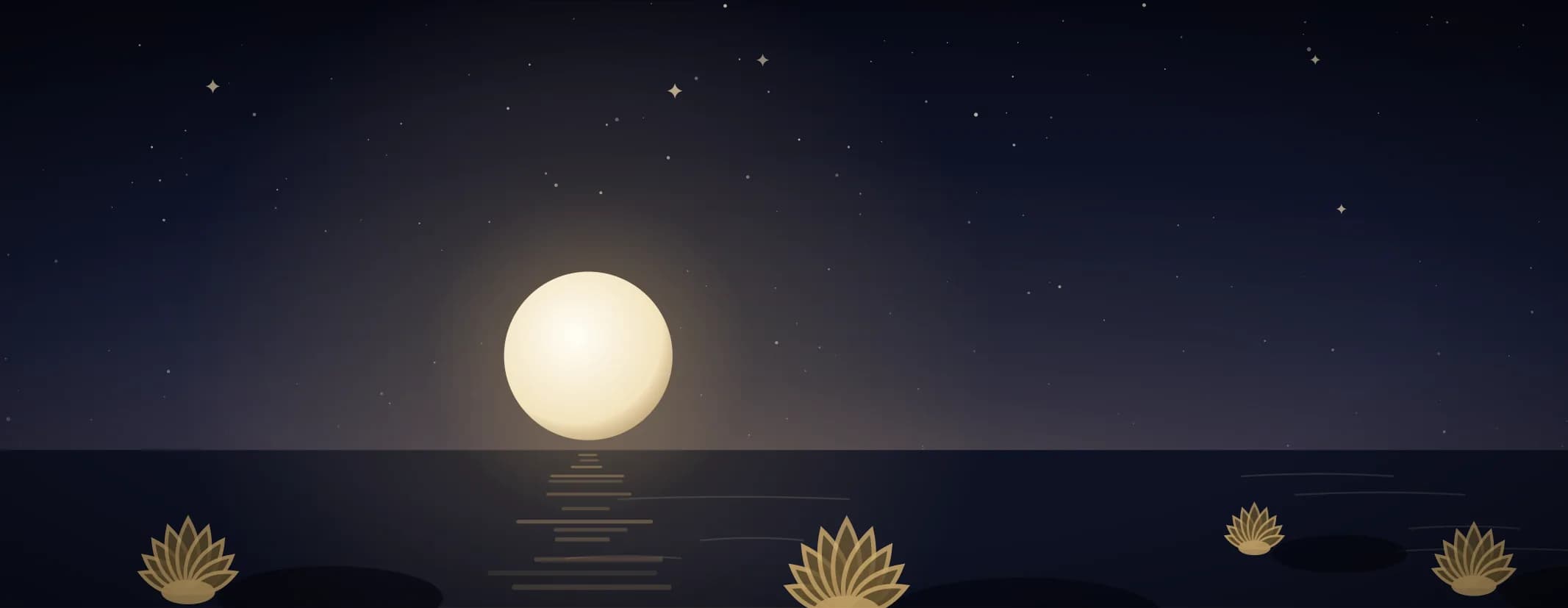 A low moon over still water with open lotus flowers resting on their pads in the foreground, under a deep indigo sky, the subject set well to the left of the frame, drawn for this page's elements band.