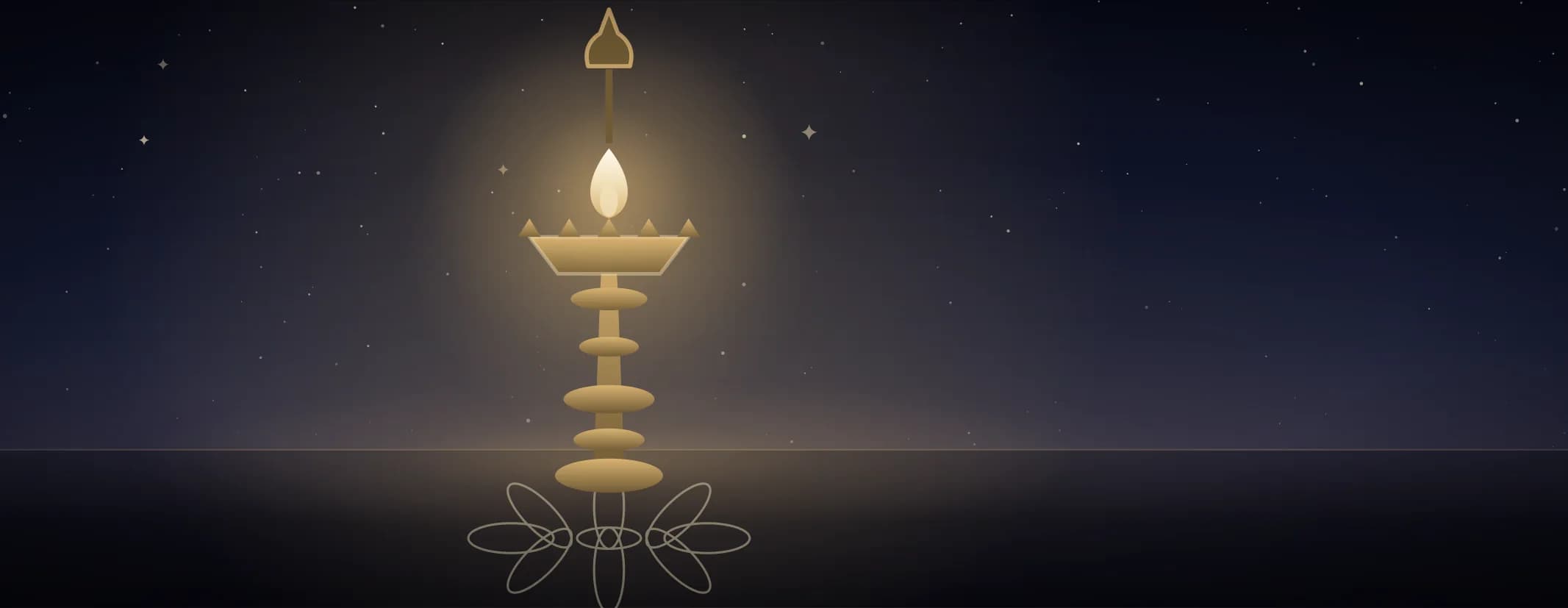 A tall brass oil lamp burning with a single flame on a floor marked with a looped kolam, under a deep indigo sky, the subject set well to the left of the frame, drawn for this page's topics band.