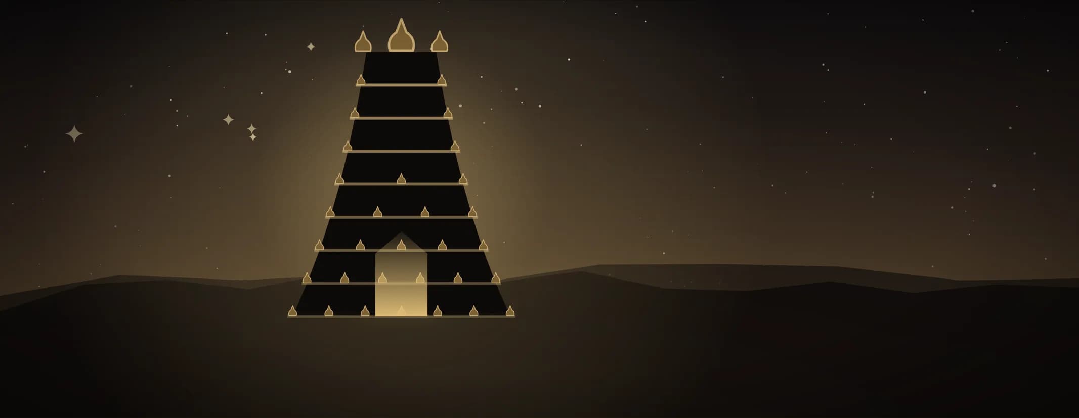 A tiered temple gopuram in silhouette with brass finials along every tier and its doorway lit, in sandalwood and pale gold, the subject set well to the left of the frame.