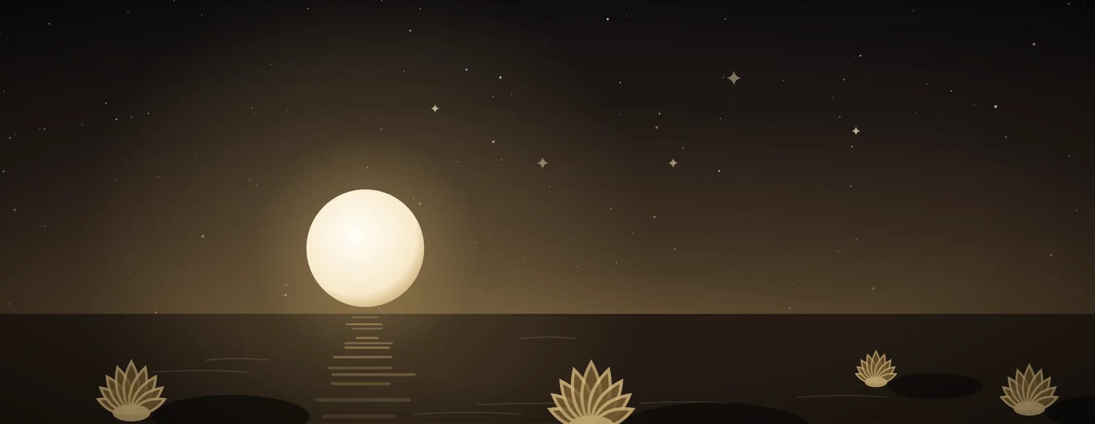 A low moon over still water with open lotus flowers resting on their pads in the foreground, in sandalwood and pale gold, the subject set well to the left of the frame.